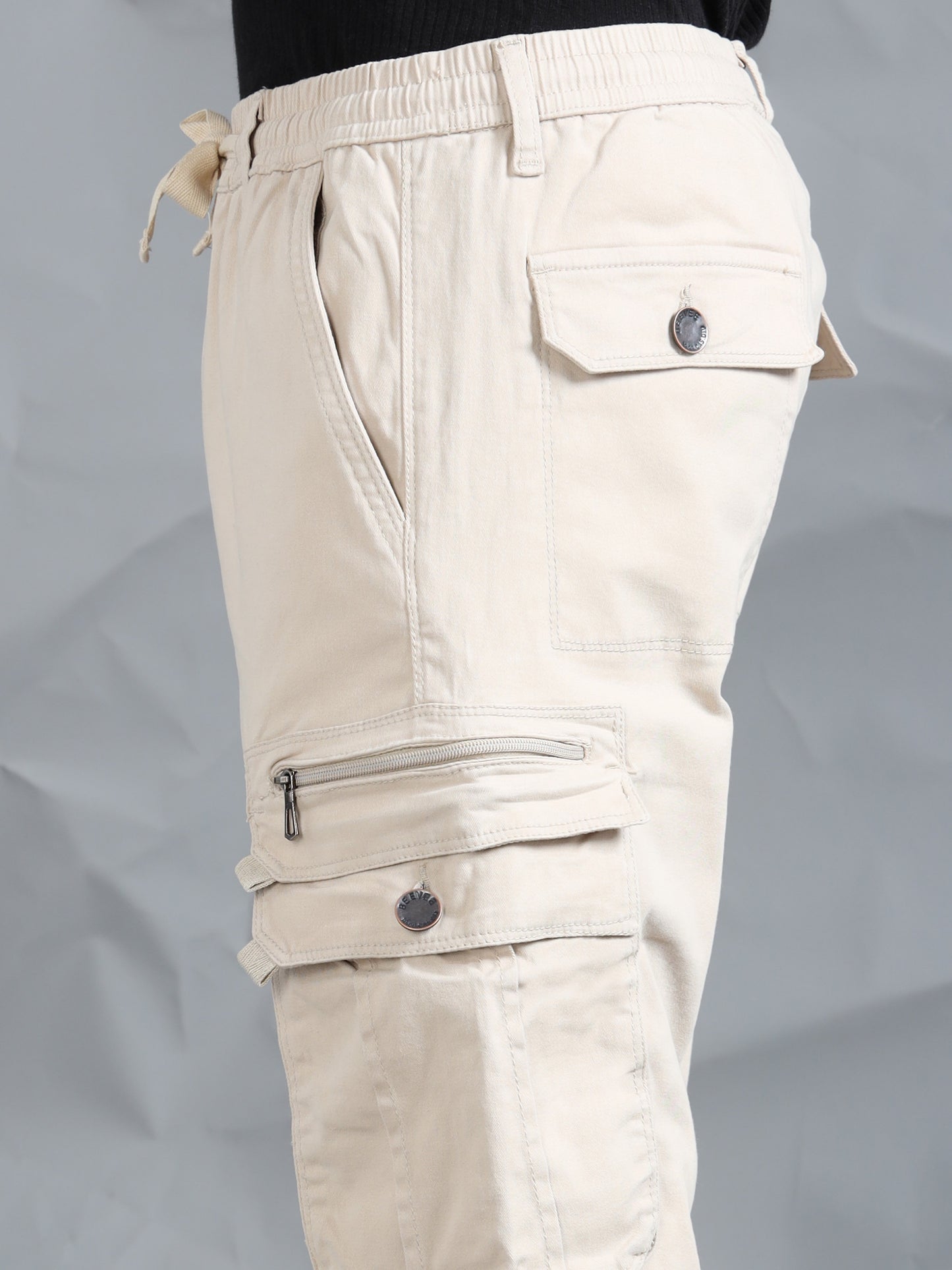 Cotton Lycra Sand  Mid Rise Cargo Pant with 7 Pockets  Drawstring Closure
