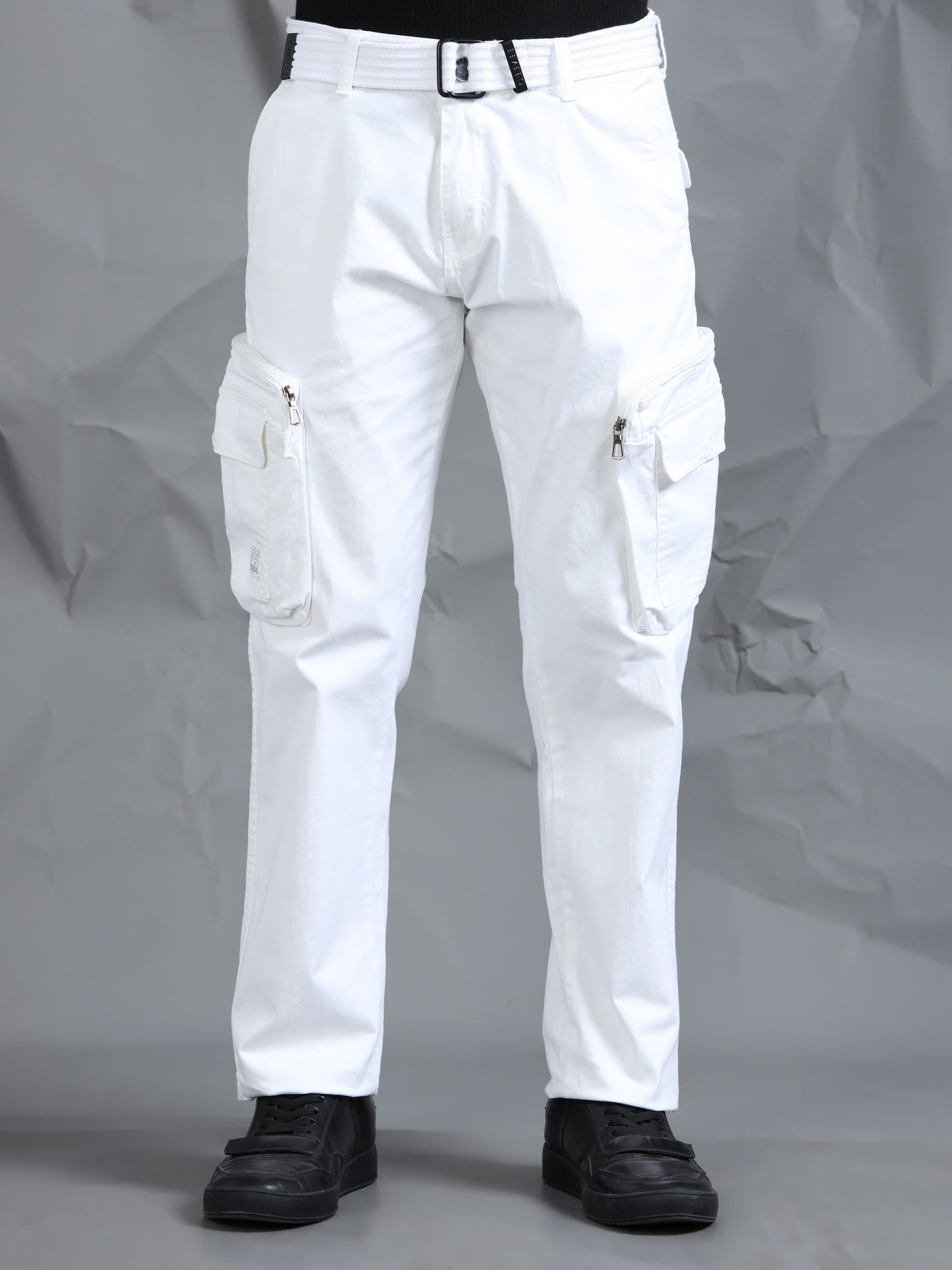 Cotton Lycra  White Mid Rise Cargo Pant with 8 Pockets