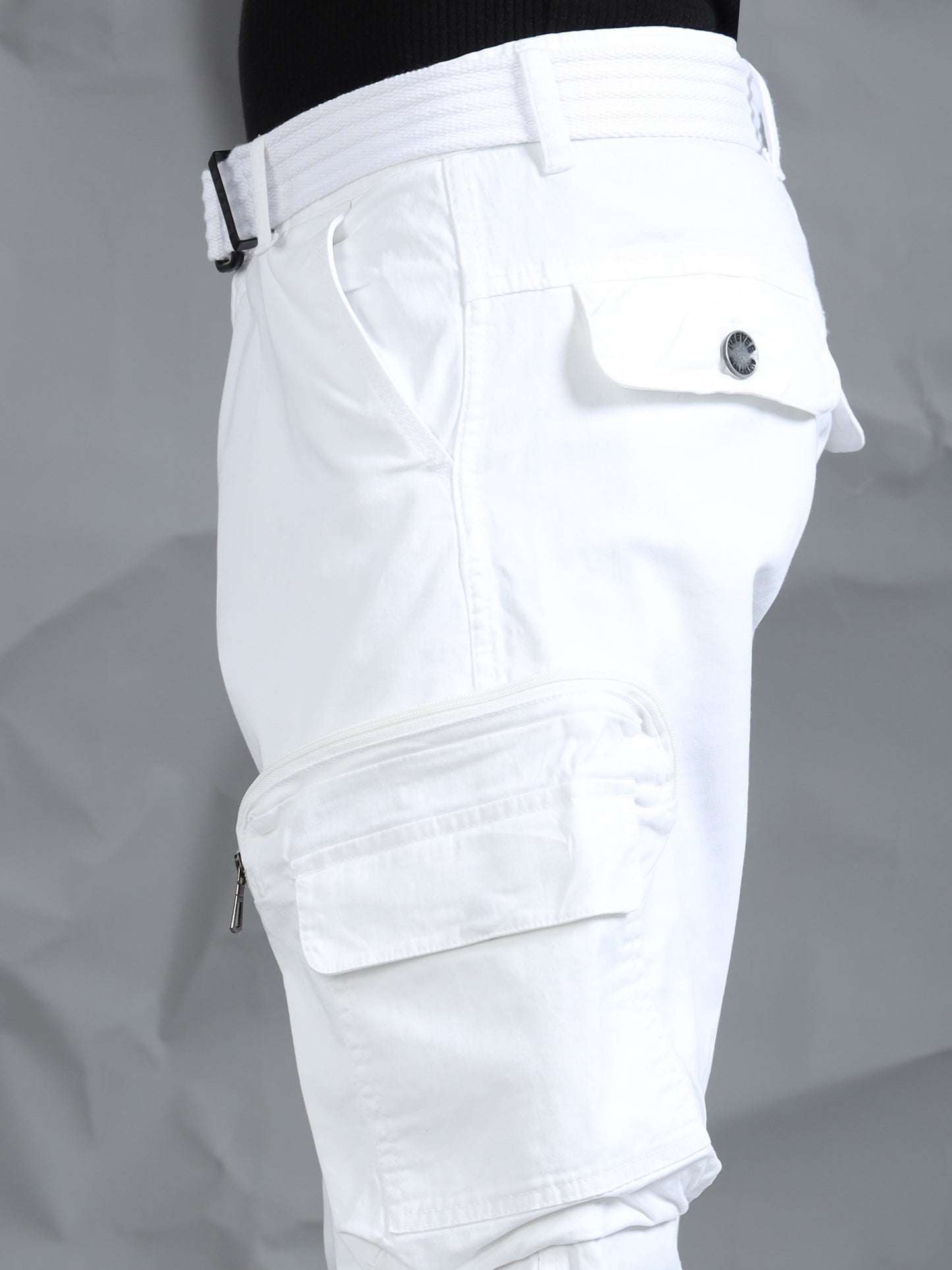 Cotton Lycra  White Mid Rise Cargo Pant with 8 Pockets