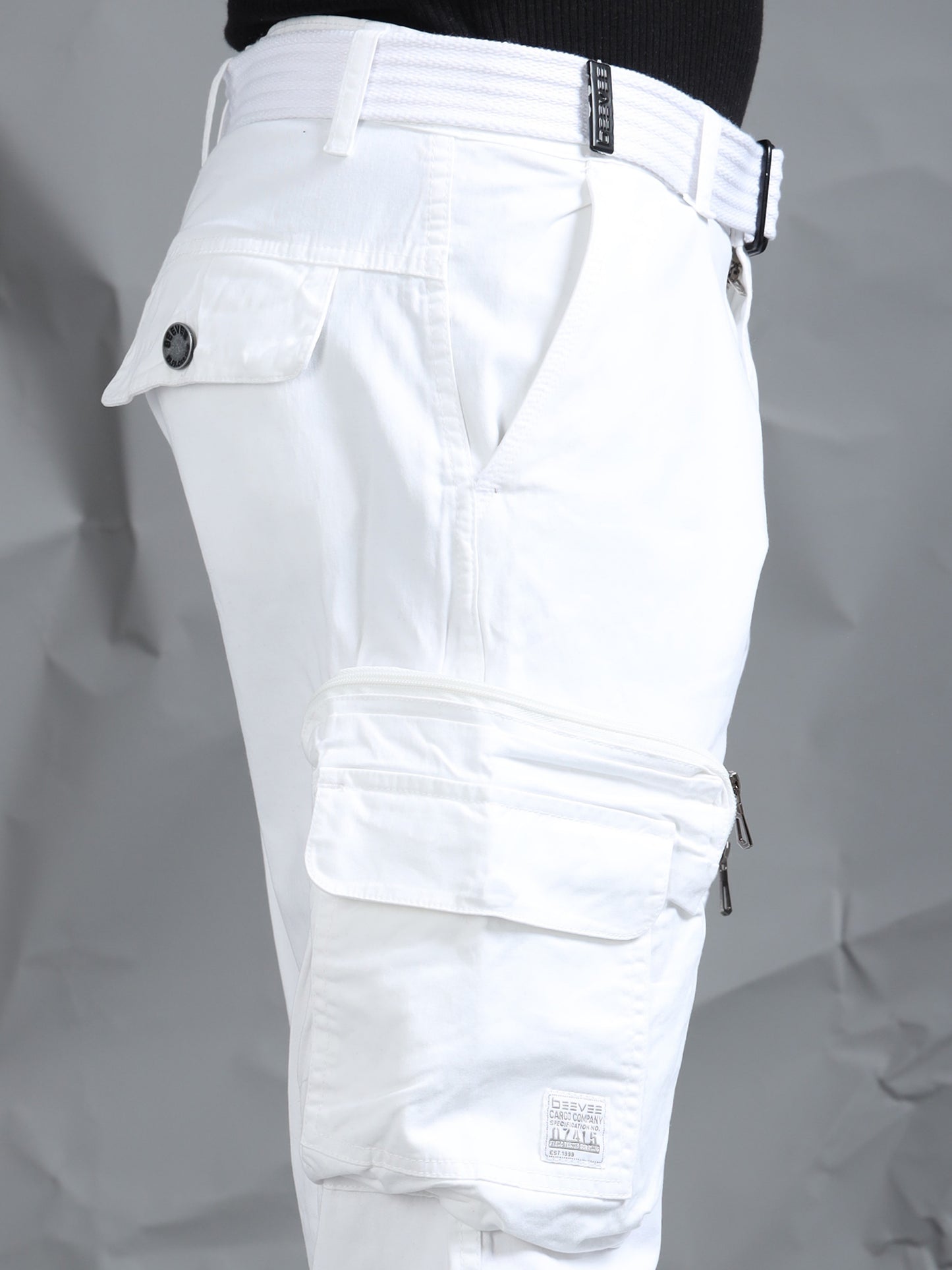 Cotton Lycra  White Mid Rise Cargo Pant with 8 Pockets
