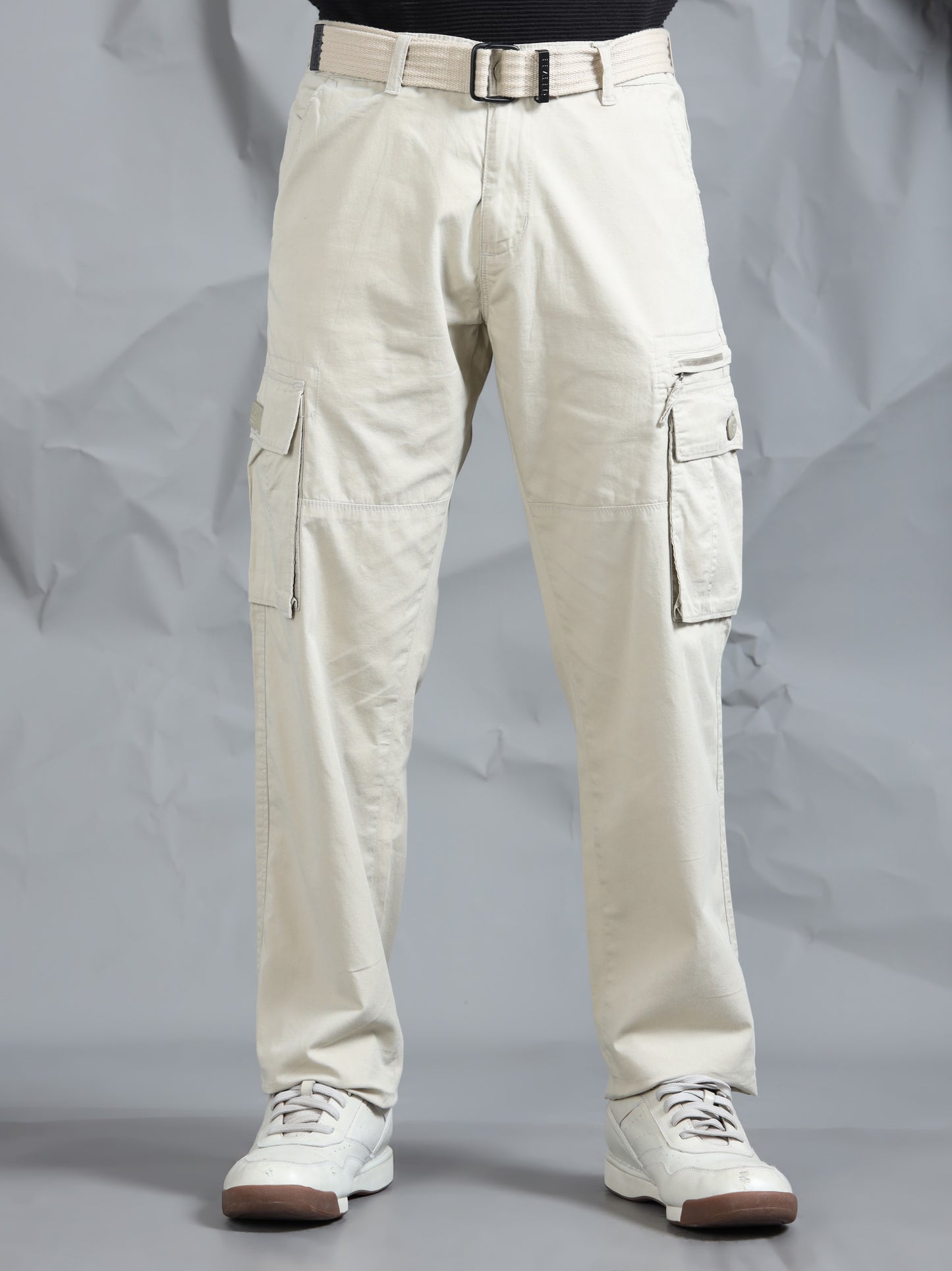 Men Beige Cargo Pants With Belt