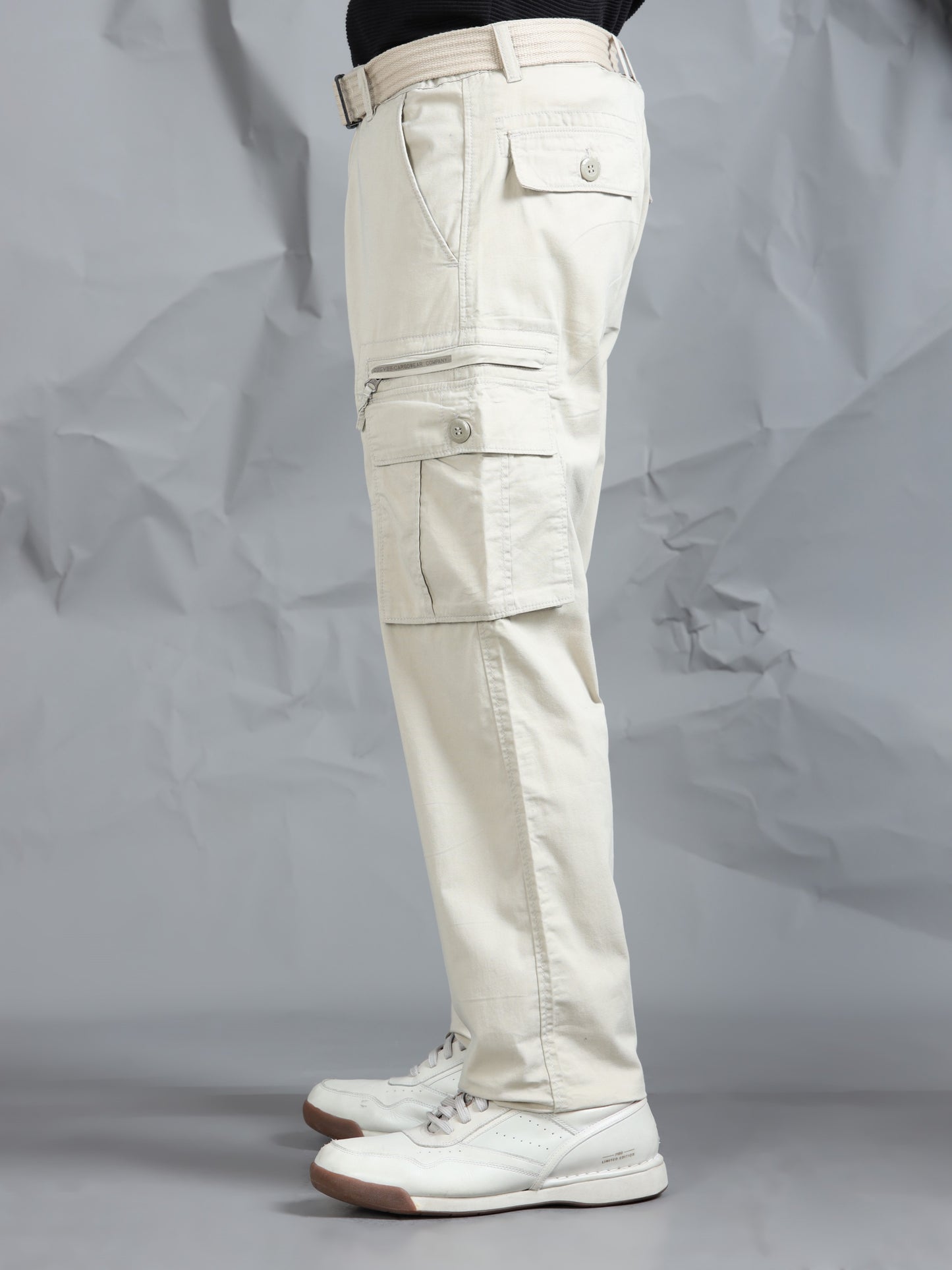 Men Beige Cargo Pants With Belt
