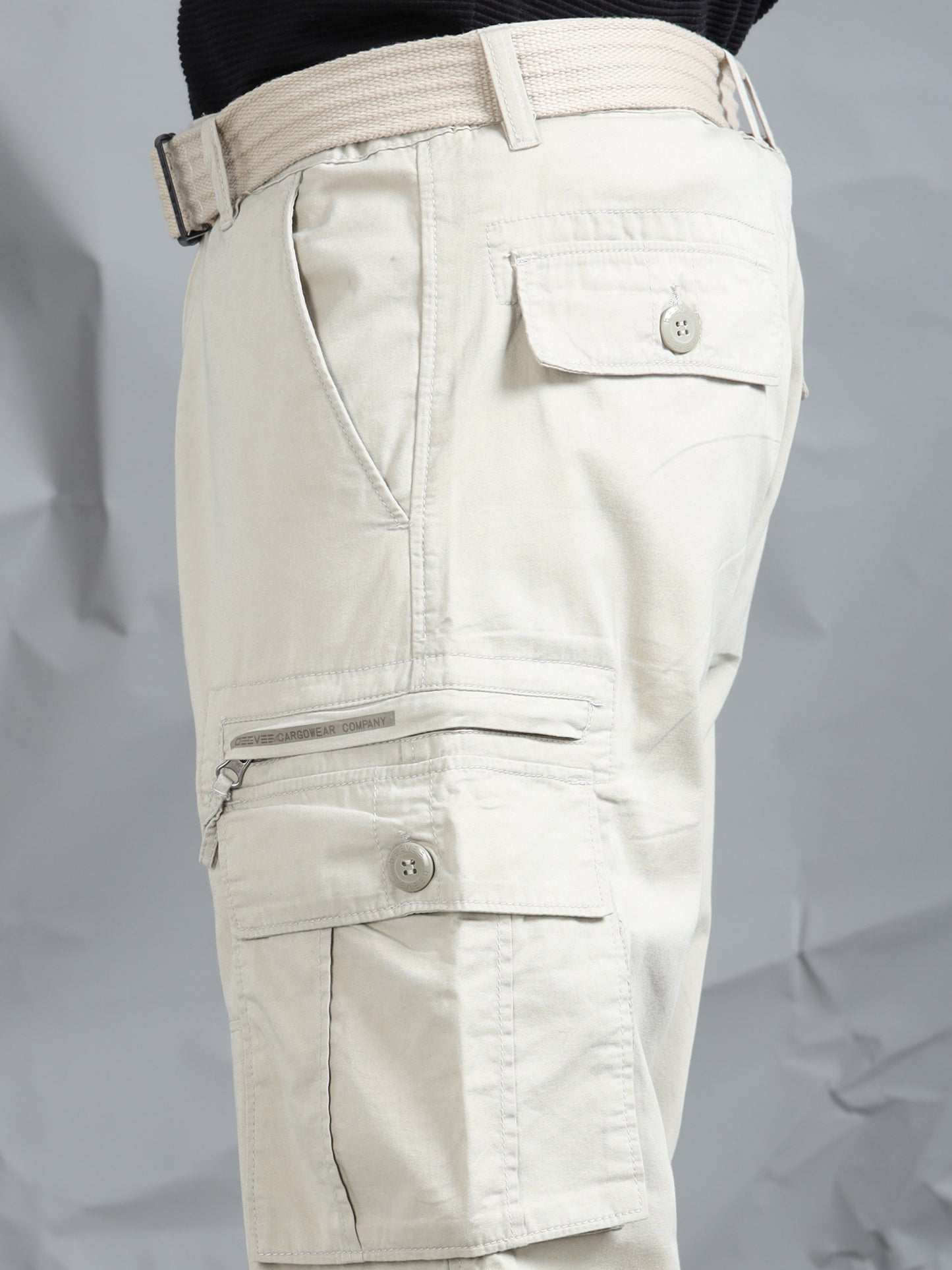 Men Beige Cargo Pants With Belt