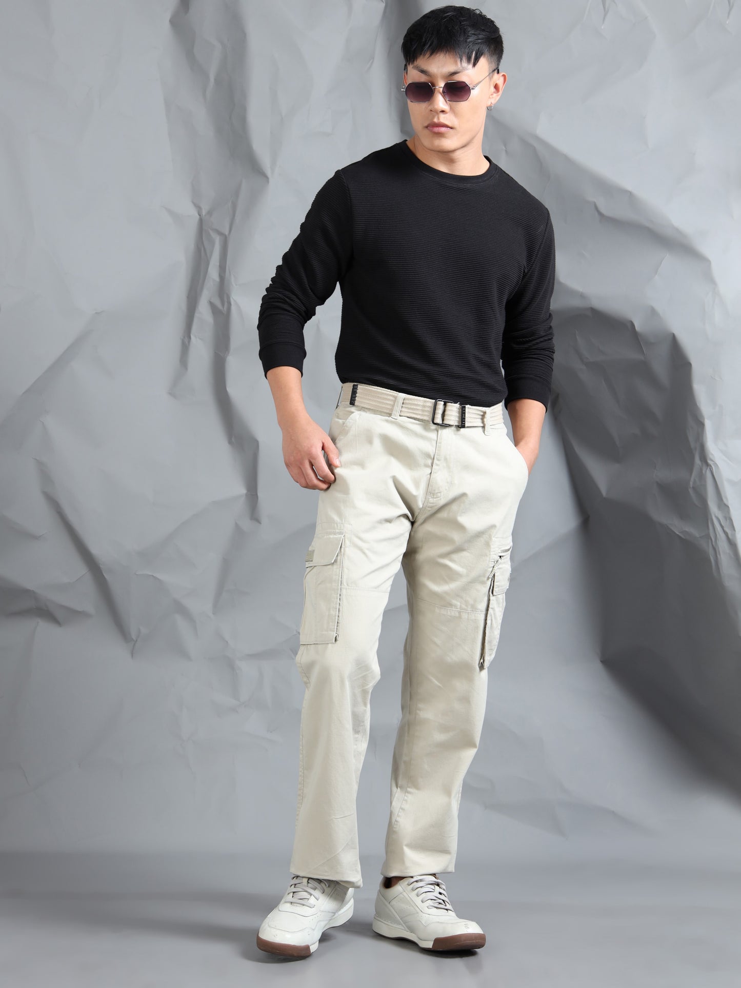 Men Beige Cargo Pants With Belt