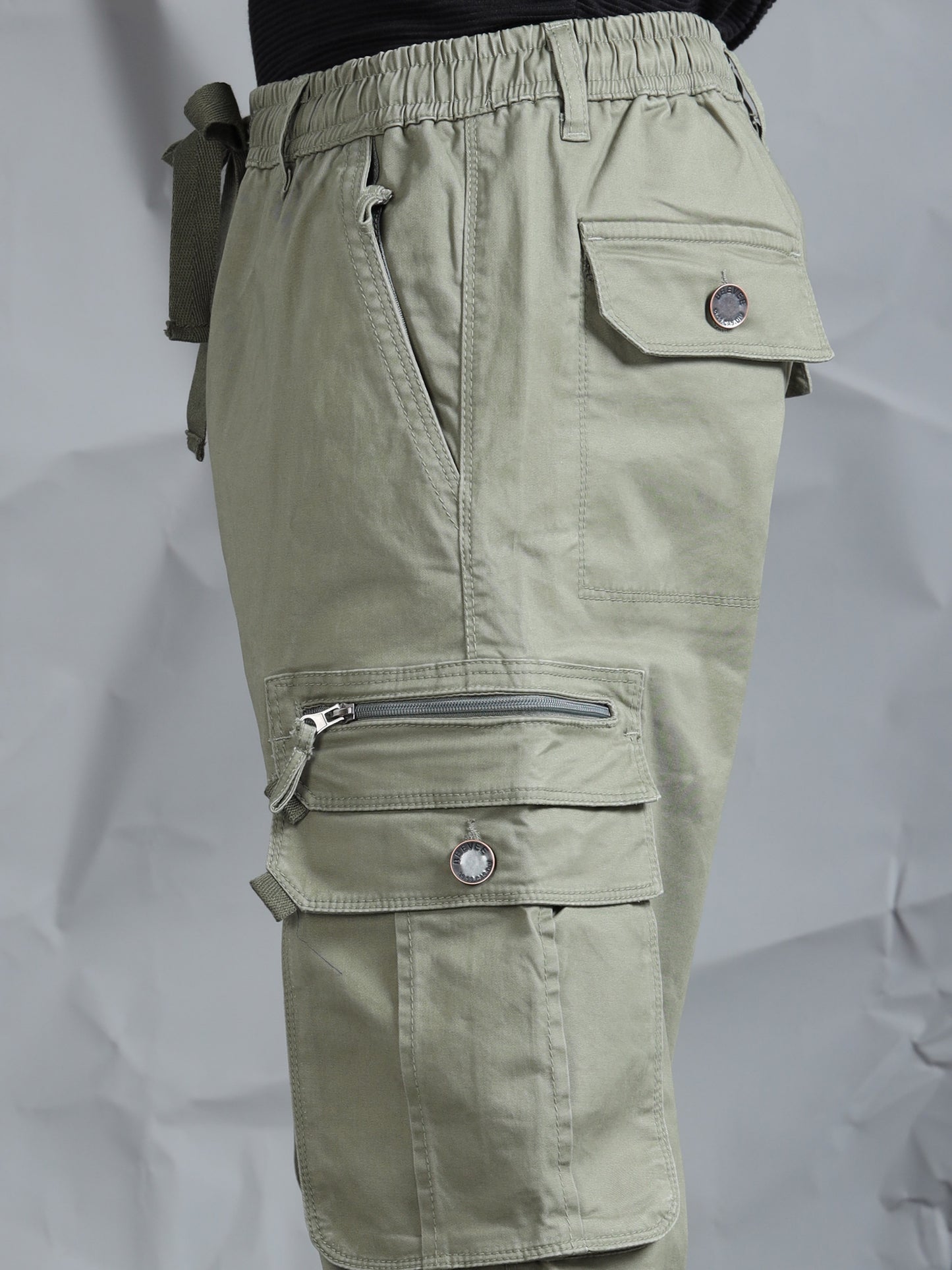 Cotton Lycra Green  Mid Rise Cargo Pant with 7 Pockets  Drawstring Closure