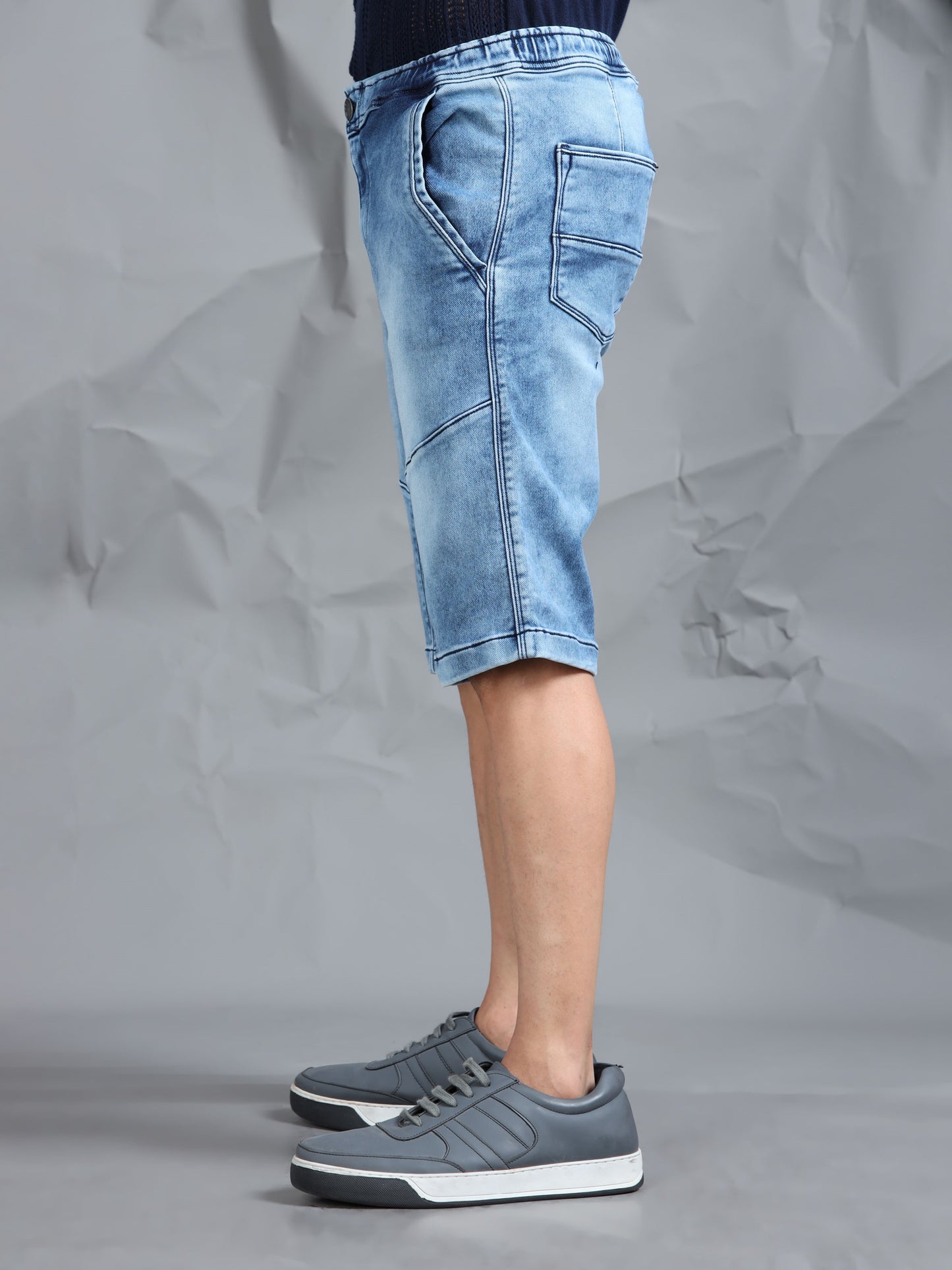 Light Blue Stretchable Cut & Sew Denim Shorts