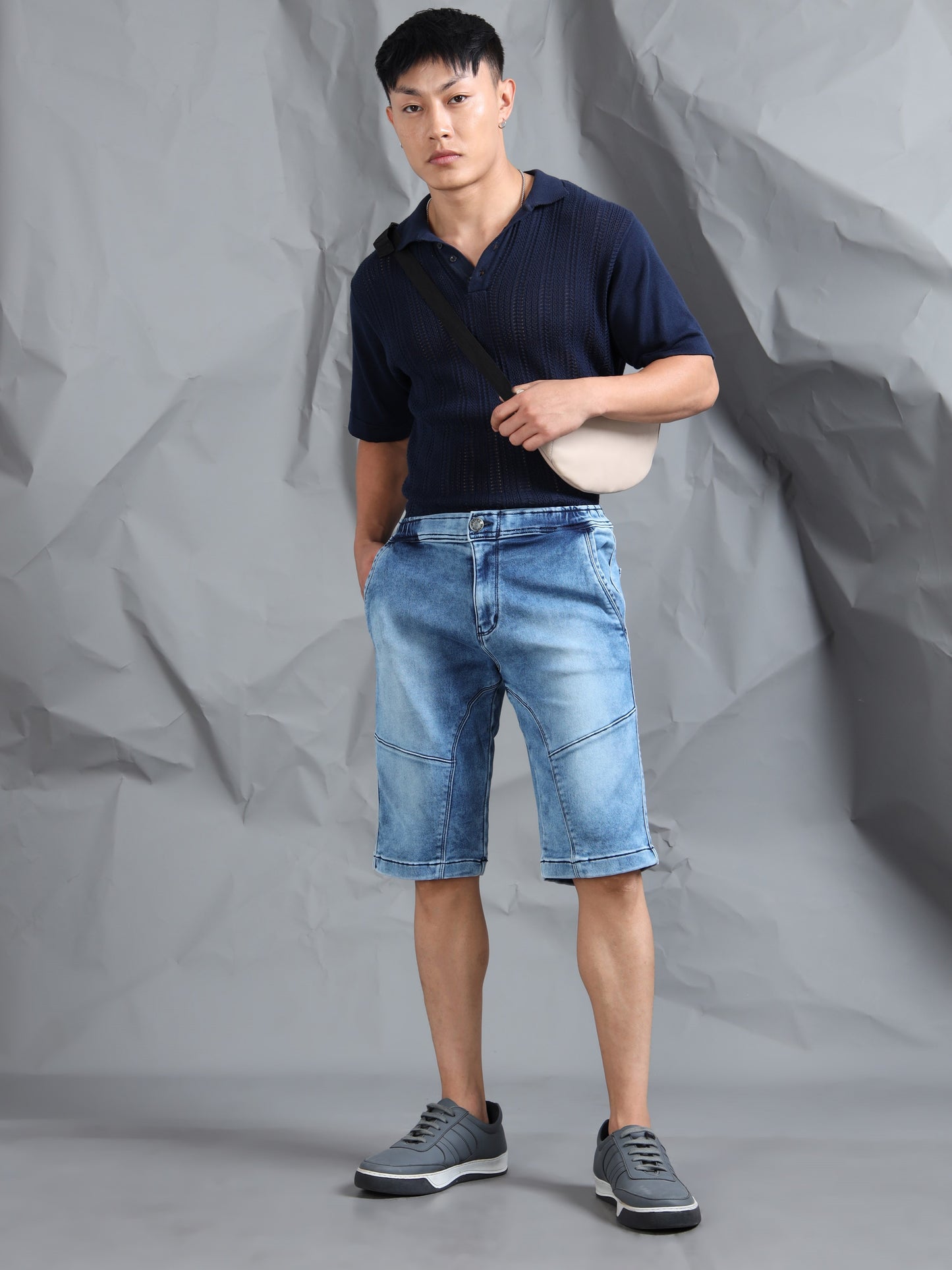 Light Blue Stretchable Cut & Sew Denim Shorts
