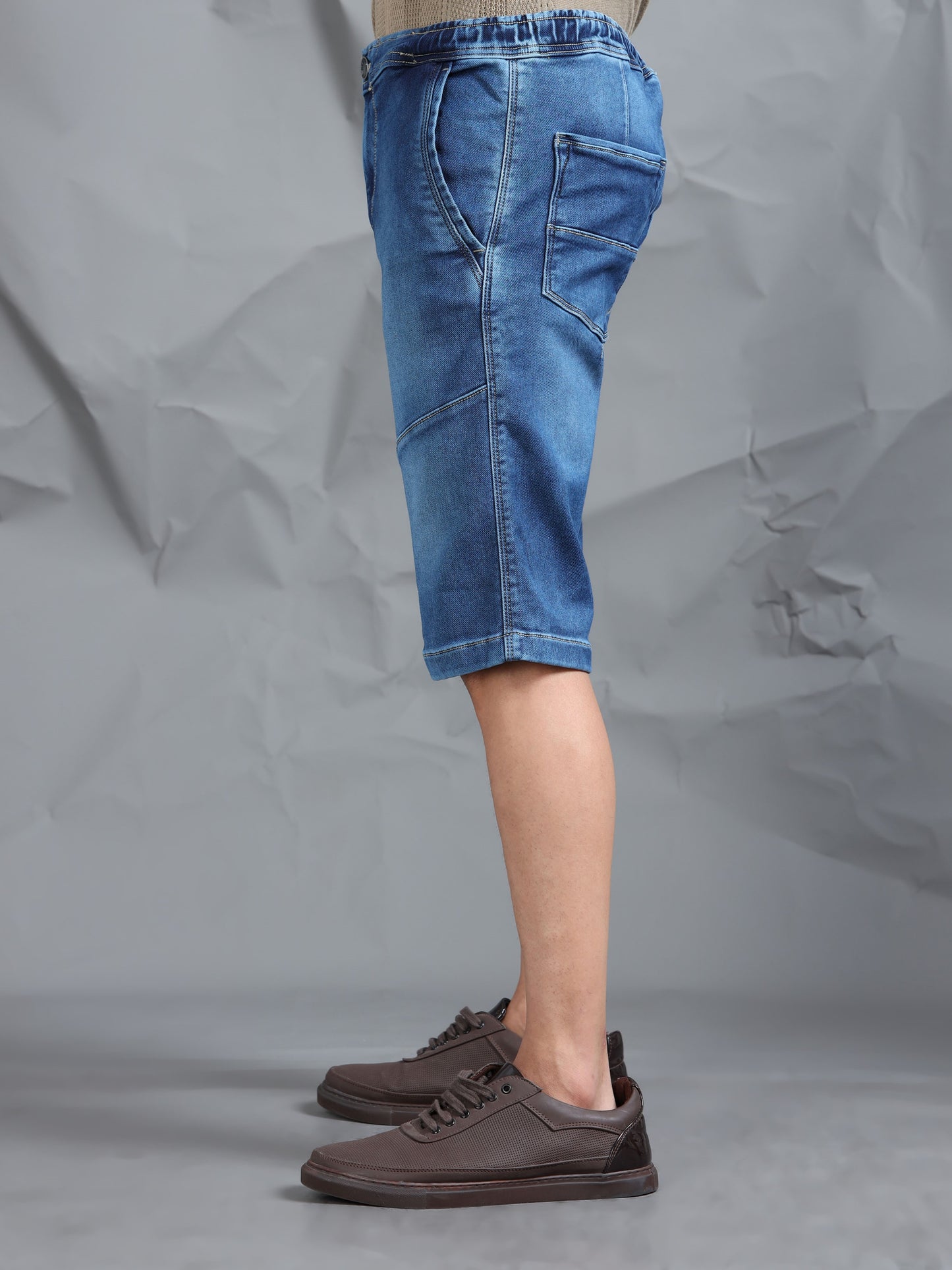 Dark Blue Stretchable Cut & Sew Denim Shorts