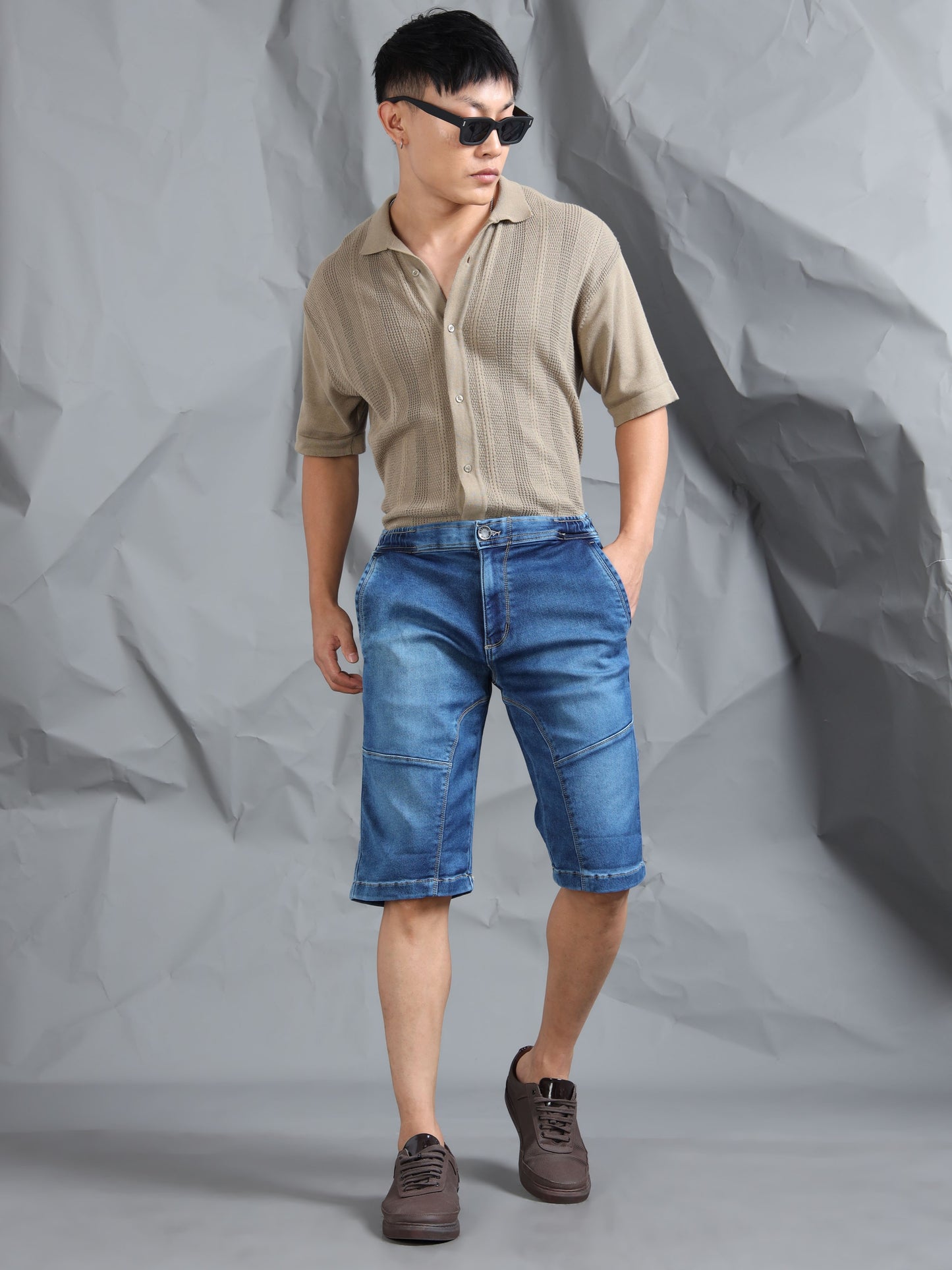 Dark Blue Stretchable Cut & Sew Denim Shorts