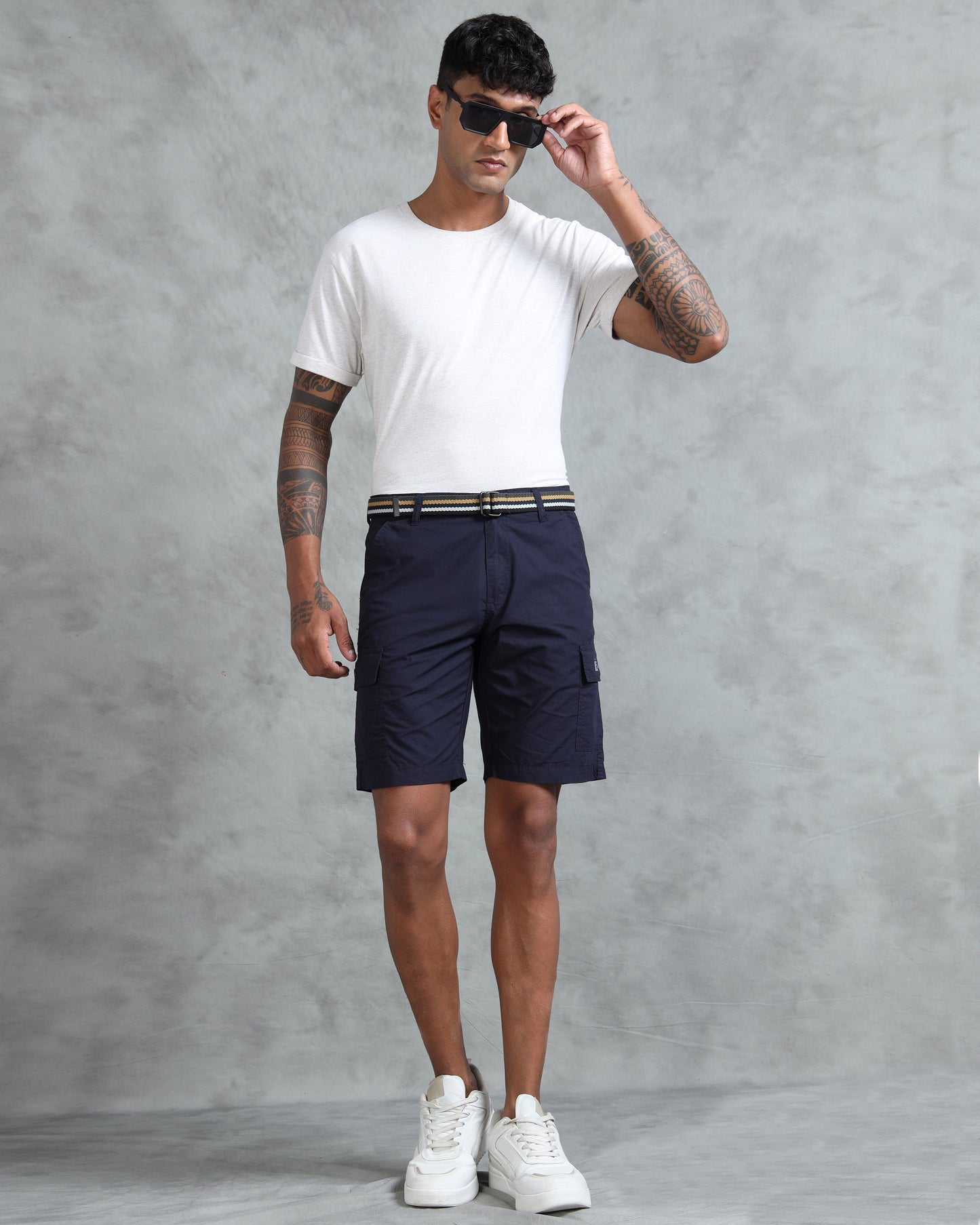 Men Navy Casual Shorts with Belt