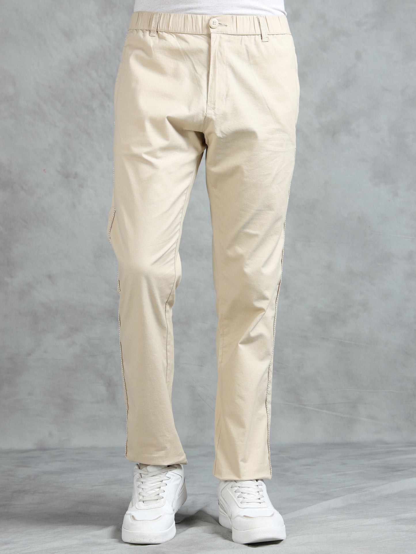 Beige Cotton Lycra Solid Pyjama