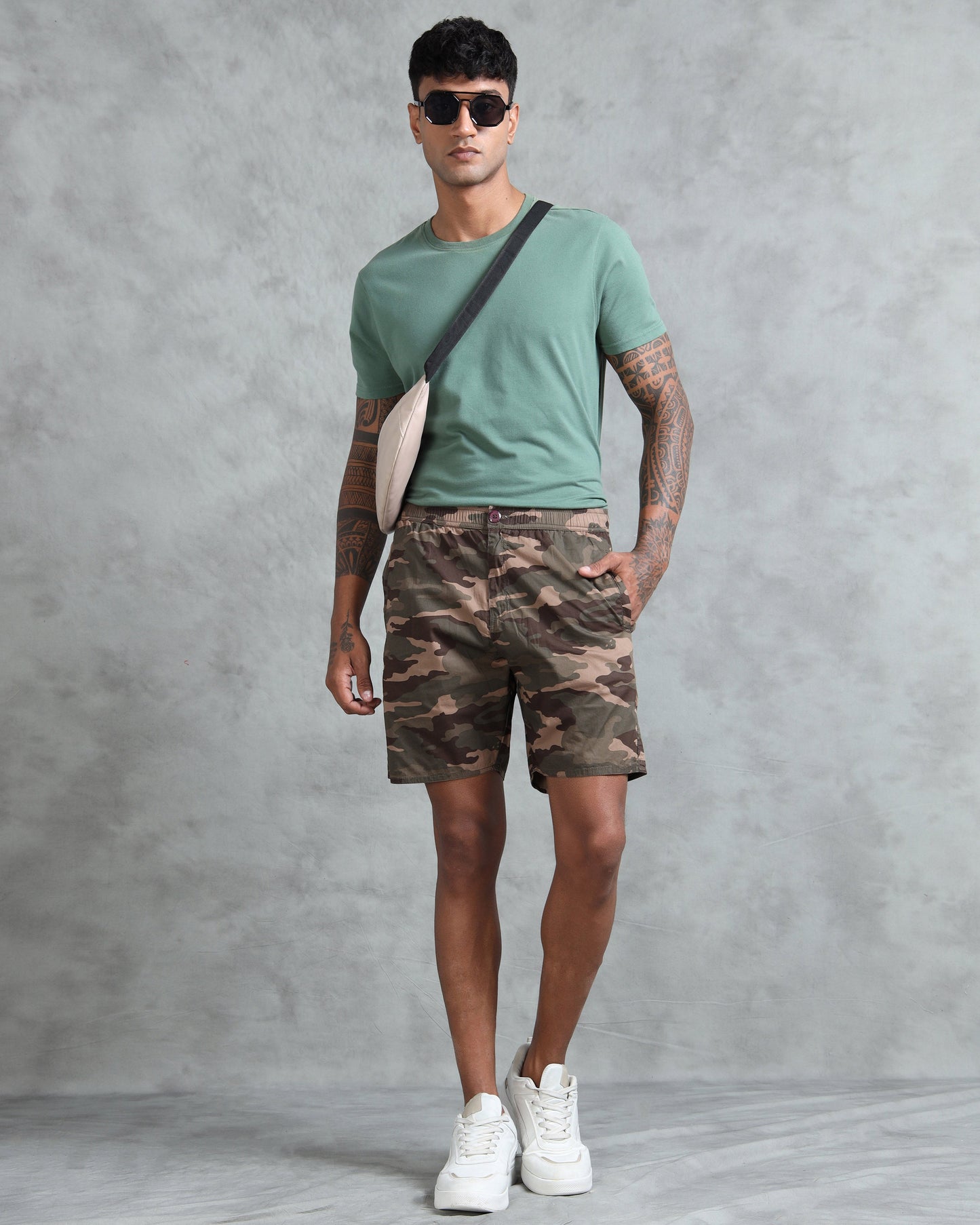 Men Brown Military Camouflage Printed Shorts