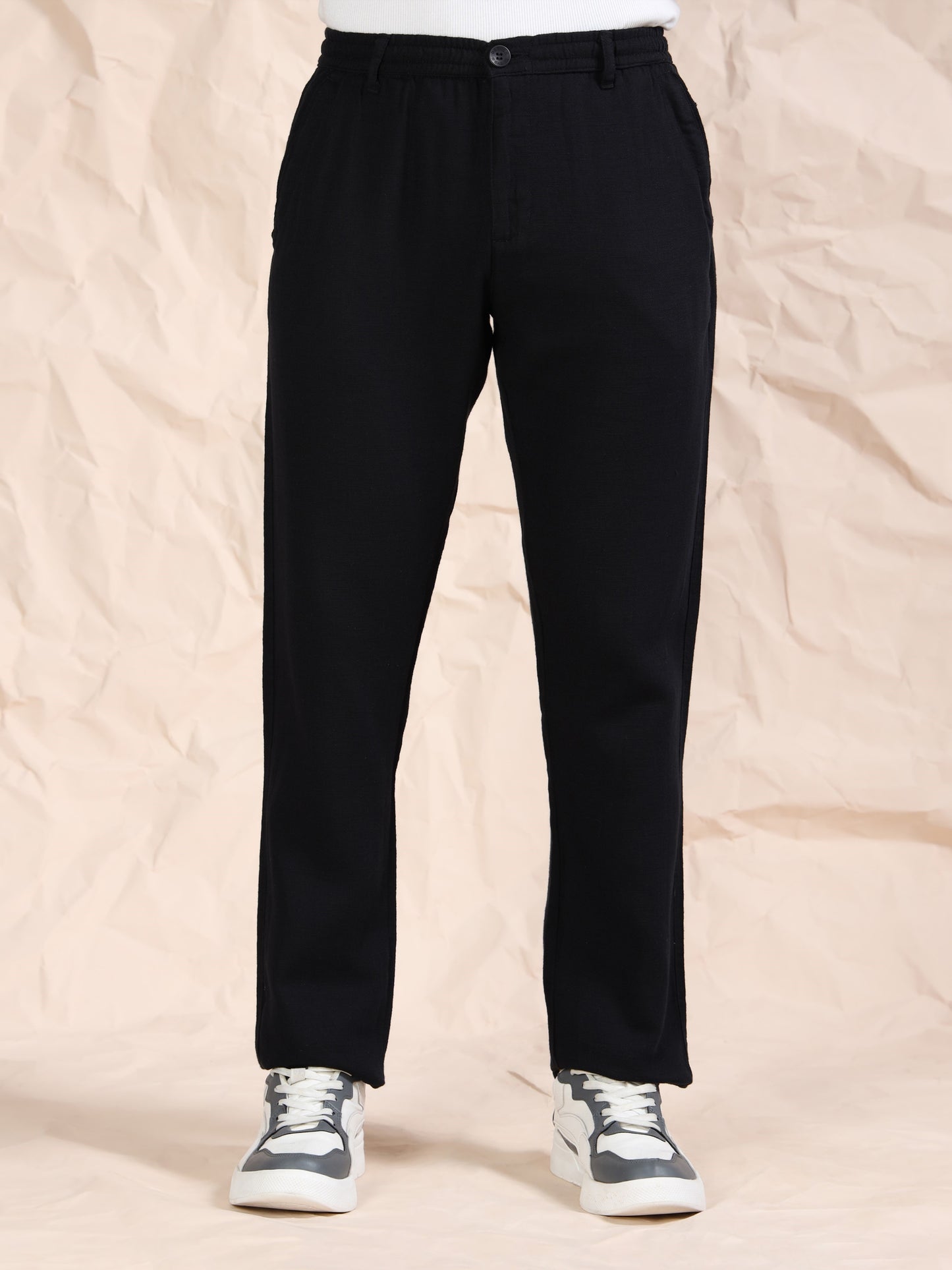 Black Cotton Linen Solid Mid Rise Pyjama