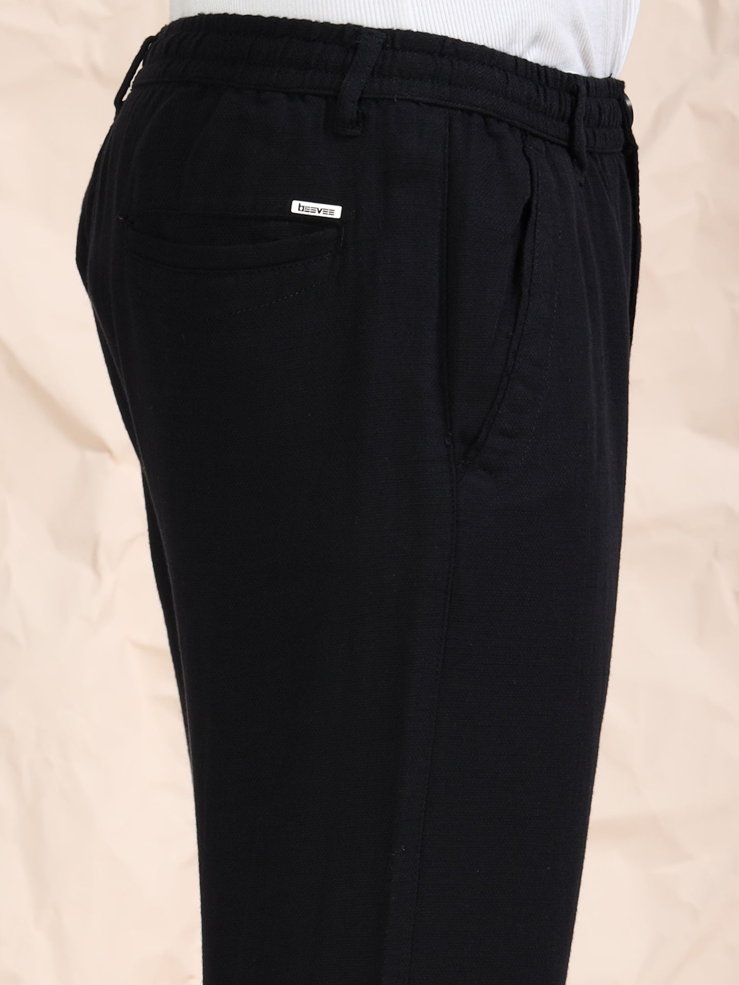 Black Cotton Linen Solid Mid Rise Pyjama