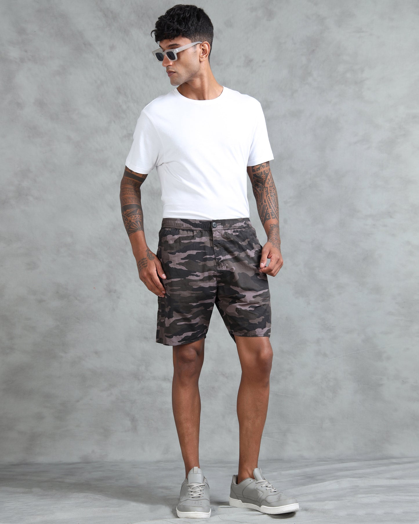 Men Grey Military Camouflage Printed Shorts