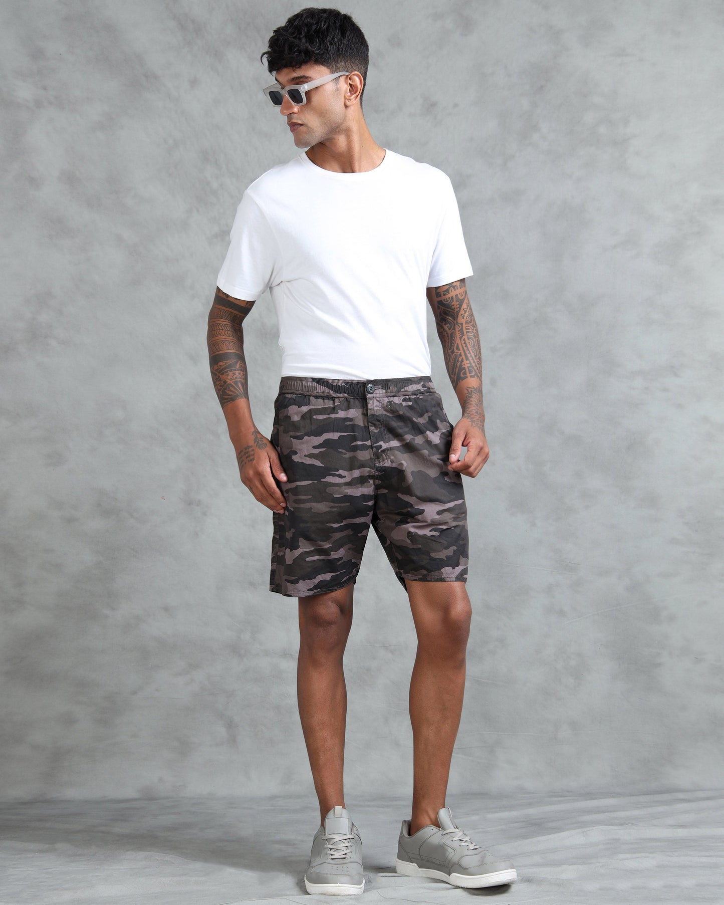 Men Grey Military Camouflage Printed Shorts