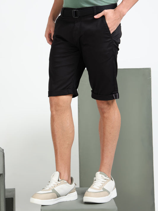 Men's Black Solid Cotton Lycra Mid-Rise Casual Shorts