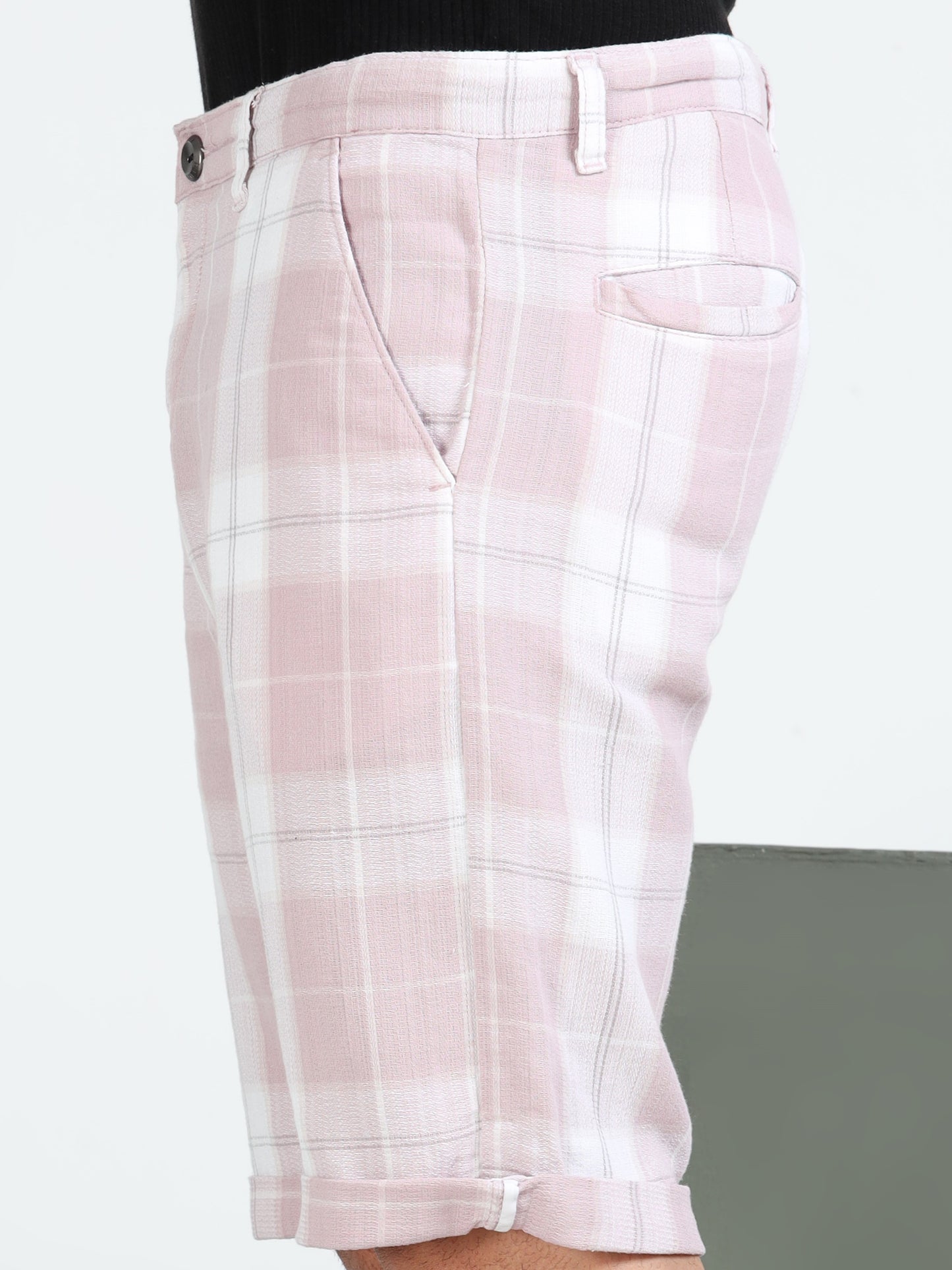 Pink Yarn Dyed Cotton Checkered Shorts