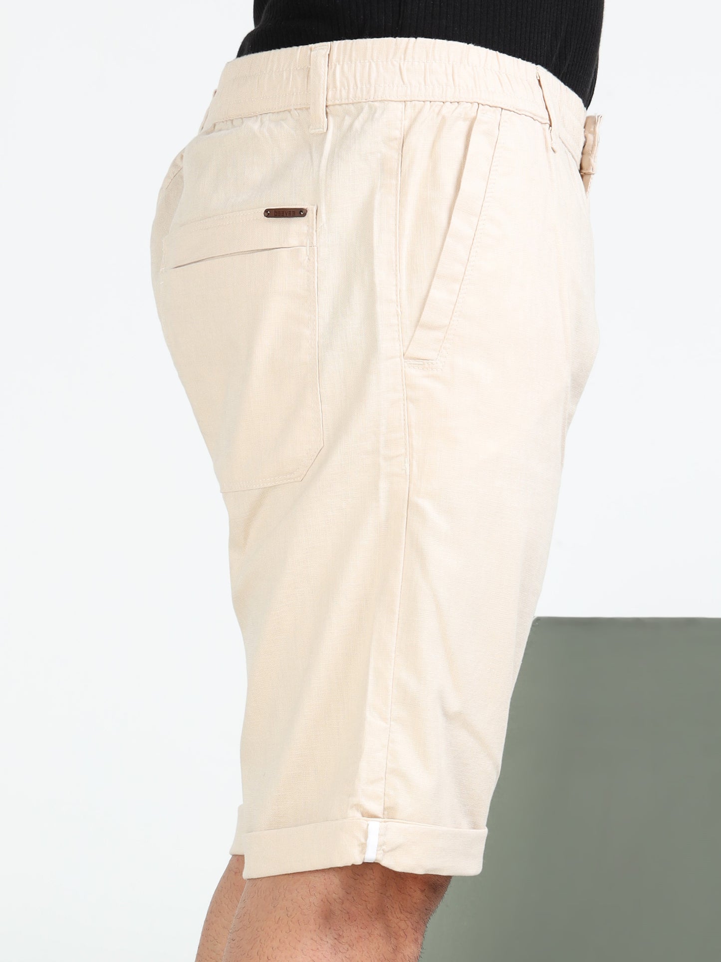 Beige Cotton Lycra Solid Shorts