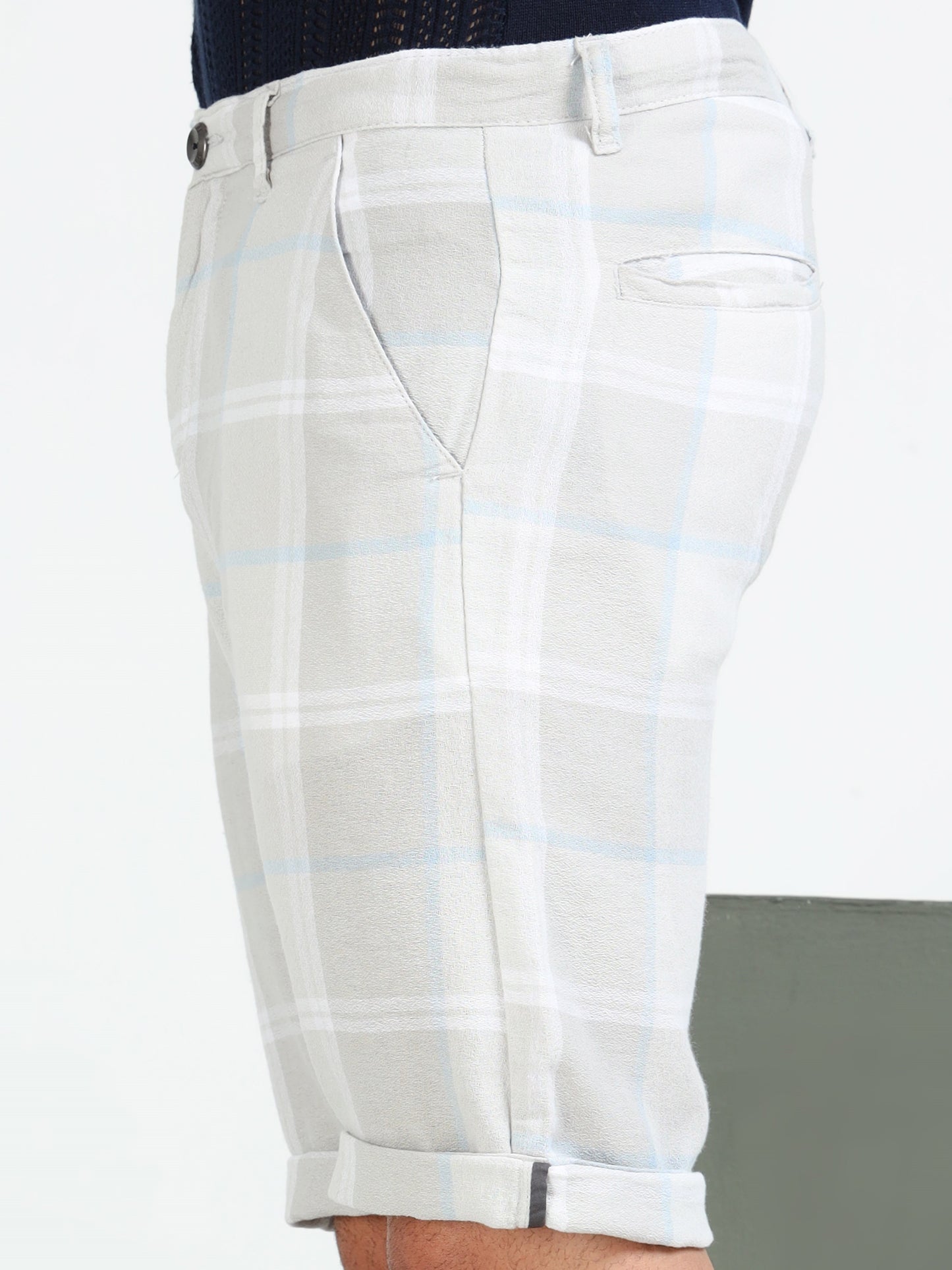 Grey Yarn Dyed Cotton Checkered Shorts.