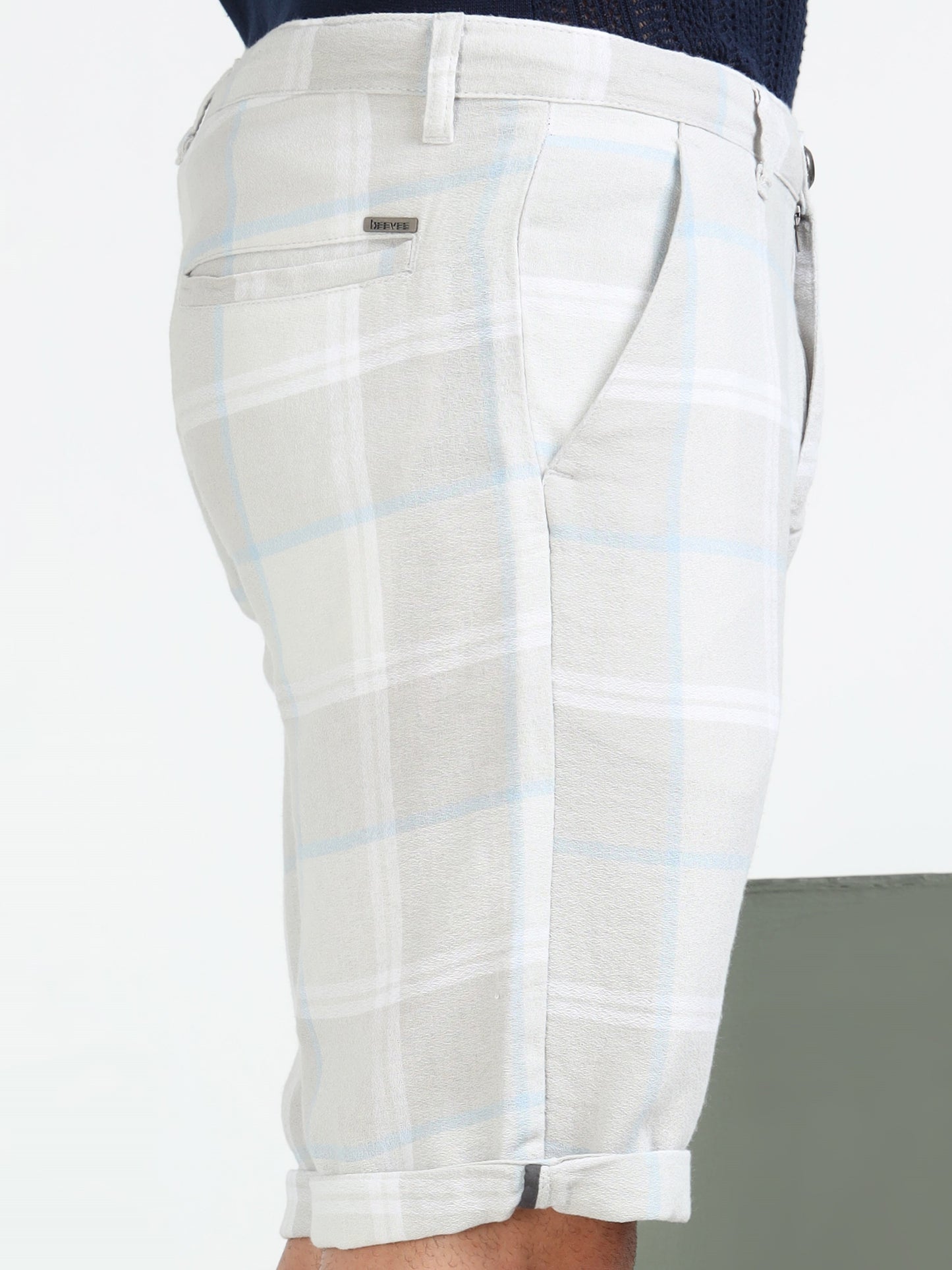 Grey Yarn Dyed Cotton Checkered Shorts.