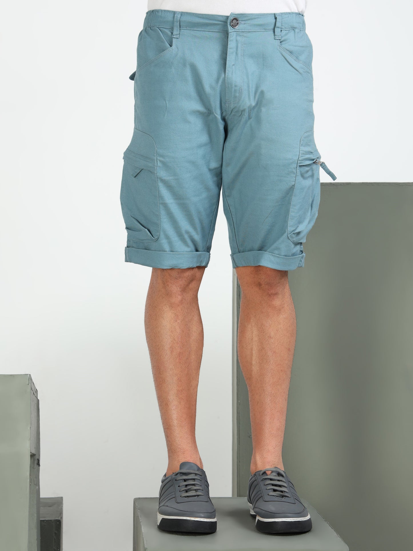 M Blue Cotton Lycra Solid Shorts
