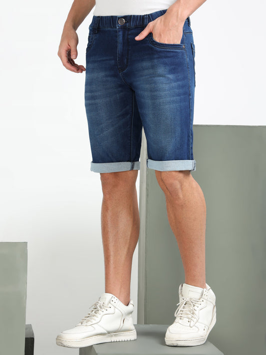 Men’s Washed Cotton Lycra Mid-Rise Denim Casual Shorts