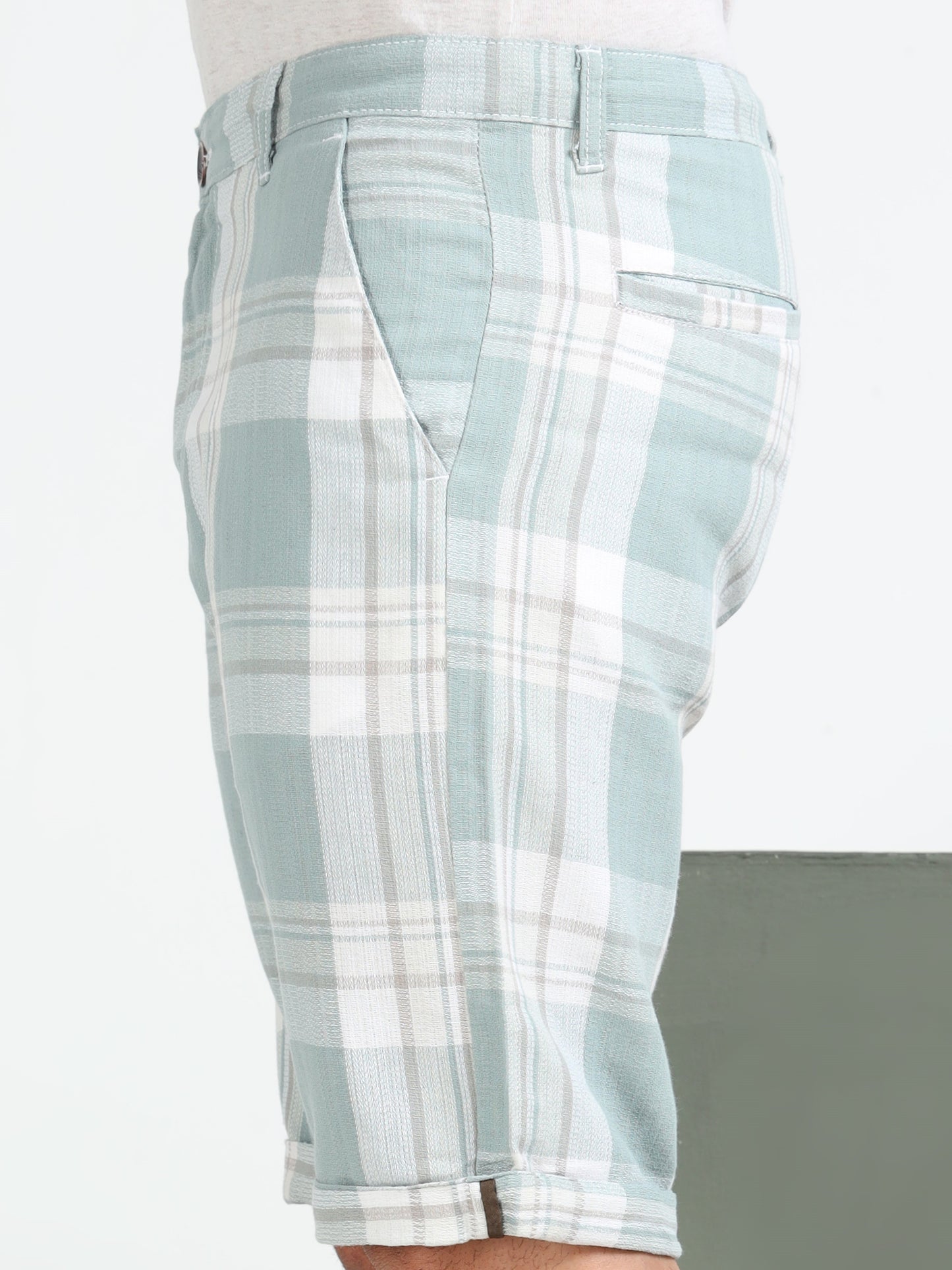 Green Yarn Dyed Cotton Checkered Shorts.
