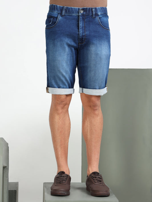 Men’s Washed Cotton Lycra Mid-Rise Denim Casual Shorts