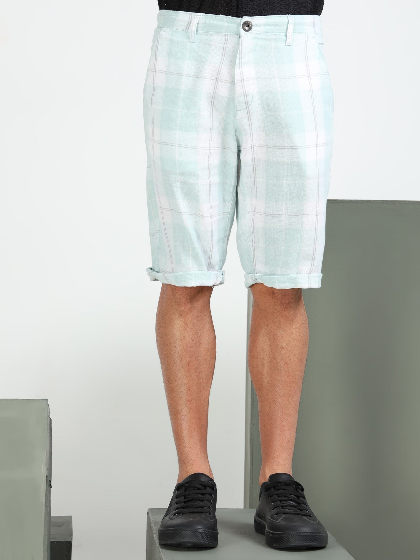 Green Yarn Dyed Cotton Checkered Shorts