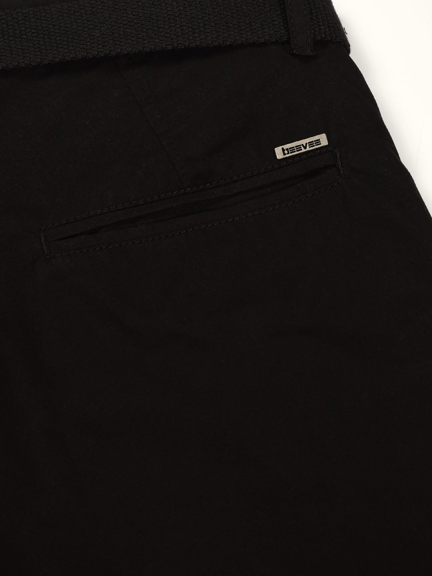 Black Regular Fit Solid Shorts With Belt