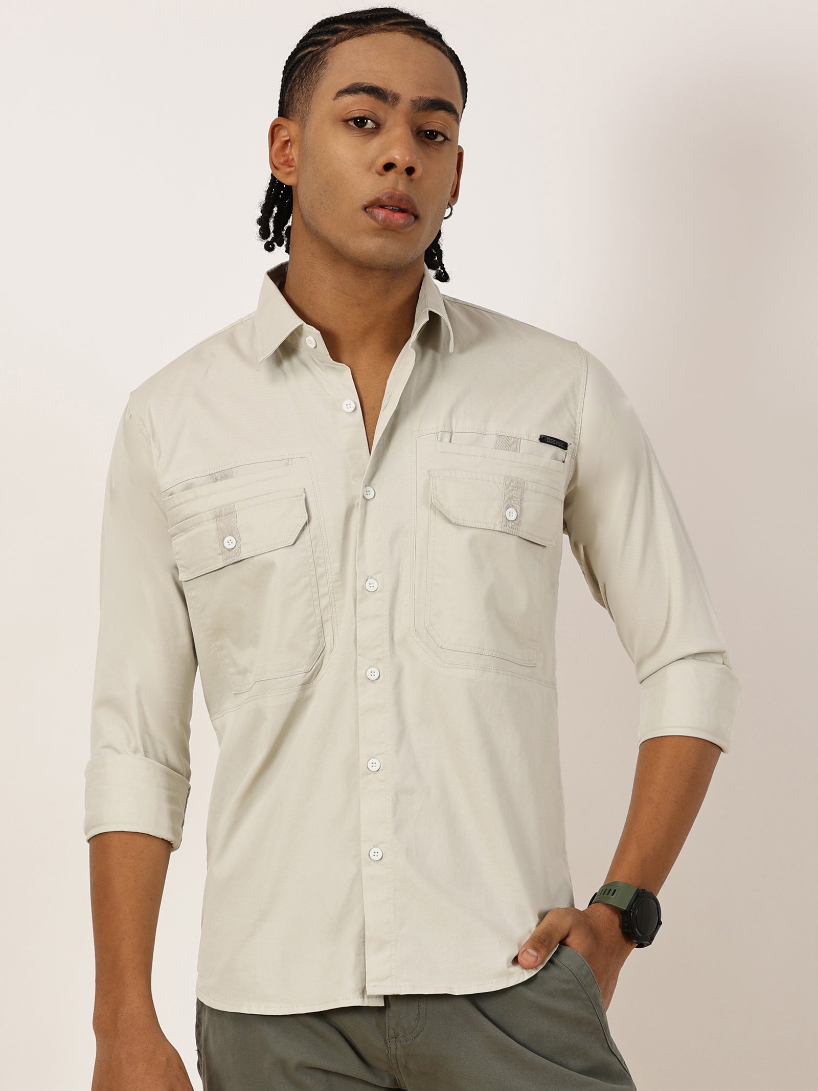 Double Pocket Stretchable Grey Cargo Shirt