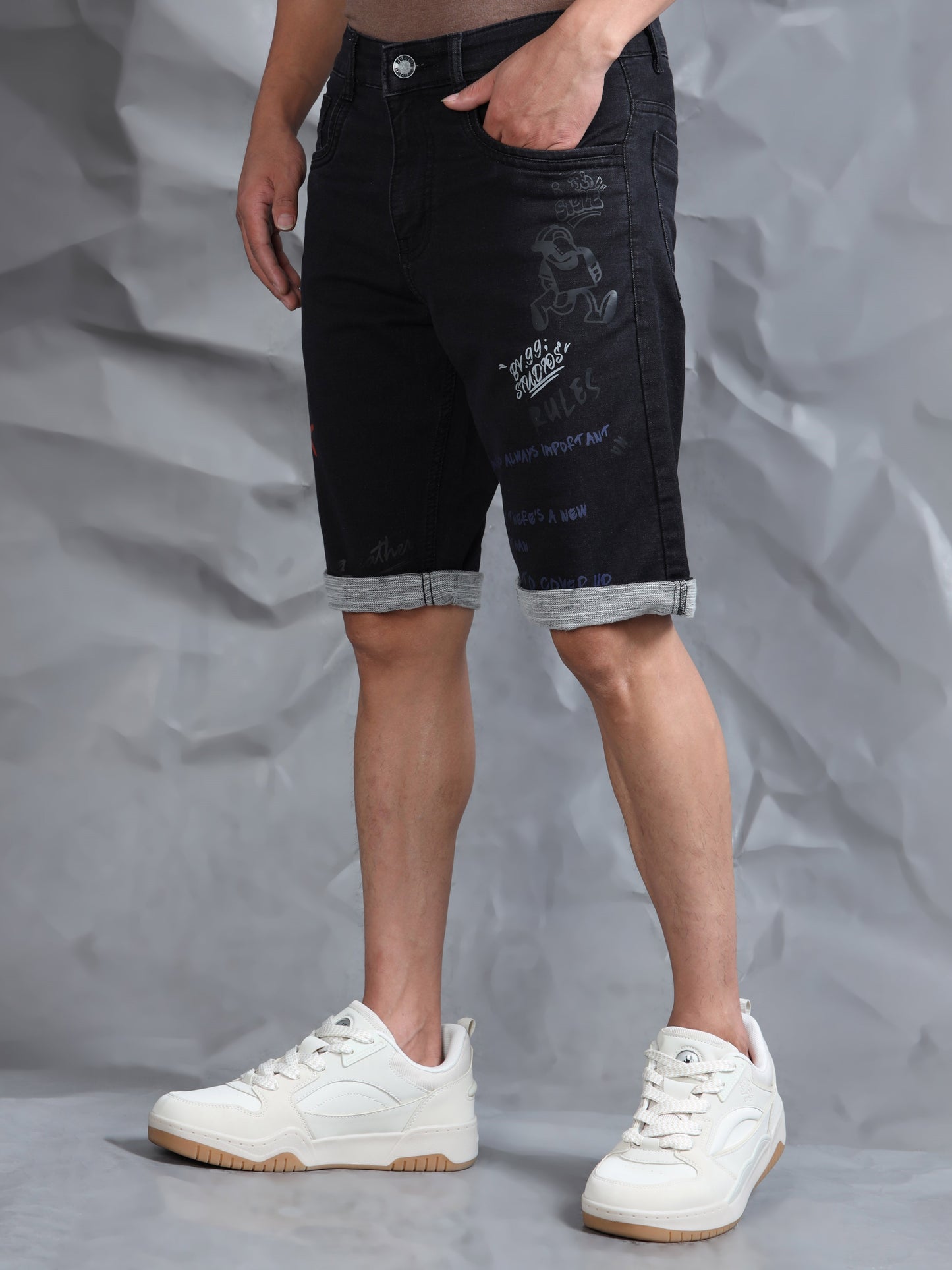 Cotton Black Text Printed Casual Shorts