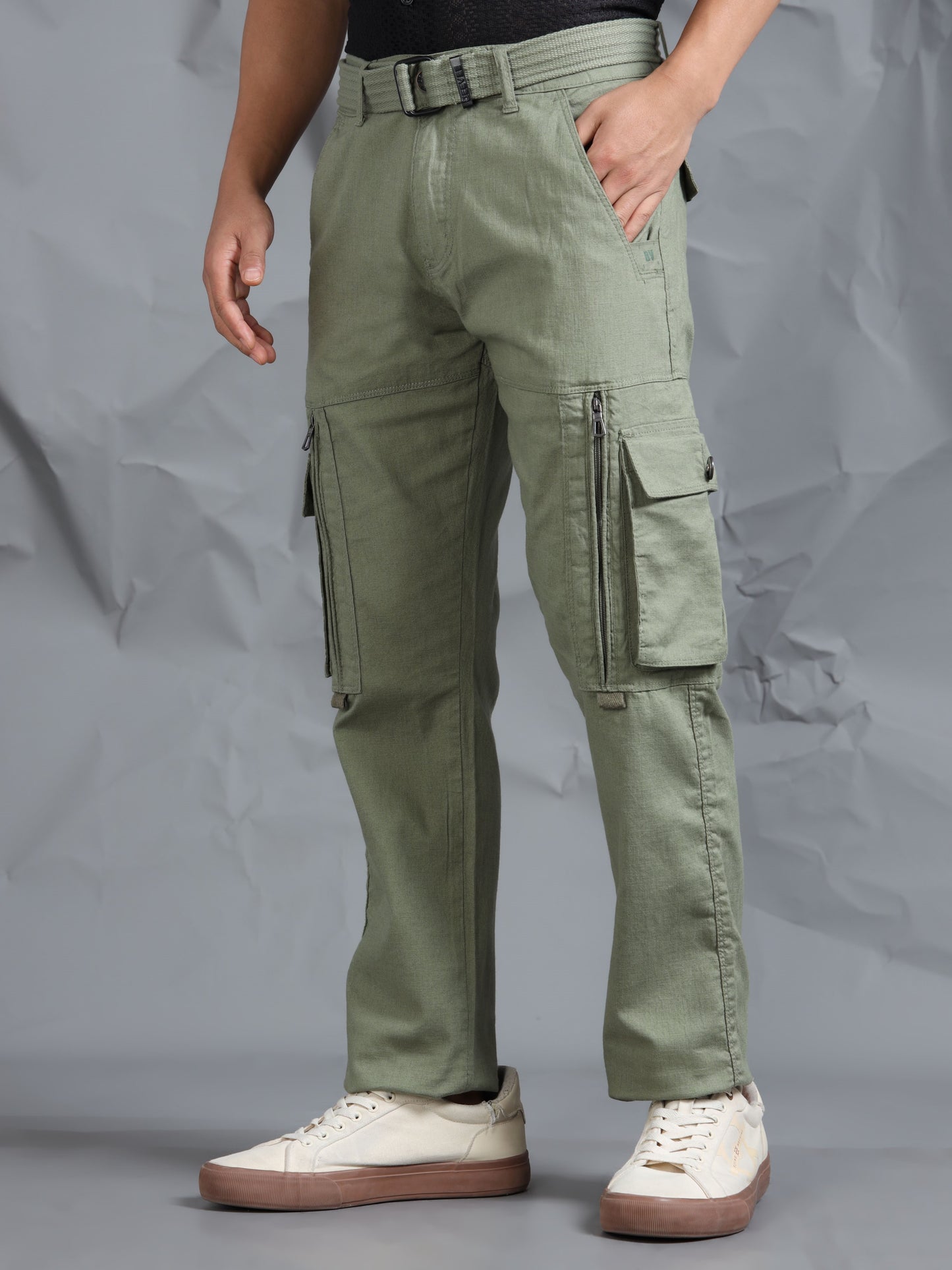 Cotton Lycra  Olive Mid Rise Cargo Pant with 8 Pockets
