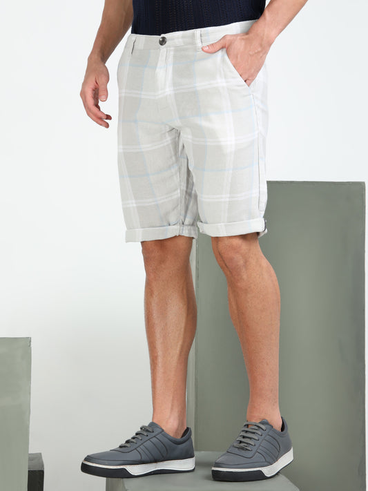 Grey Yarn Dyed Cotton Checkered Shorts.