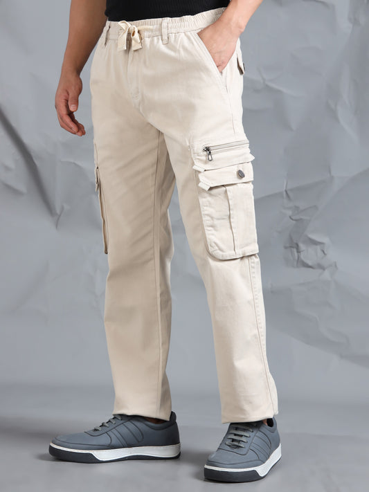 Cotton Lycra Sand  Mid Rise Cargo Pant with 7 Pockets  Drawstring Closure