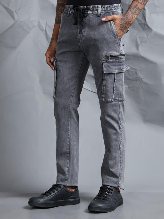 Cotton Lycra Grey  Mid Rise Cargo Pant with 7 Pockets  Drawstring Closure