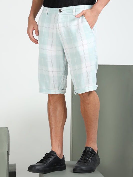 Green Yarn Dyed Cotton Checkered Shorts