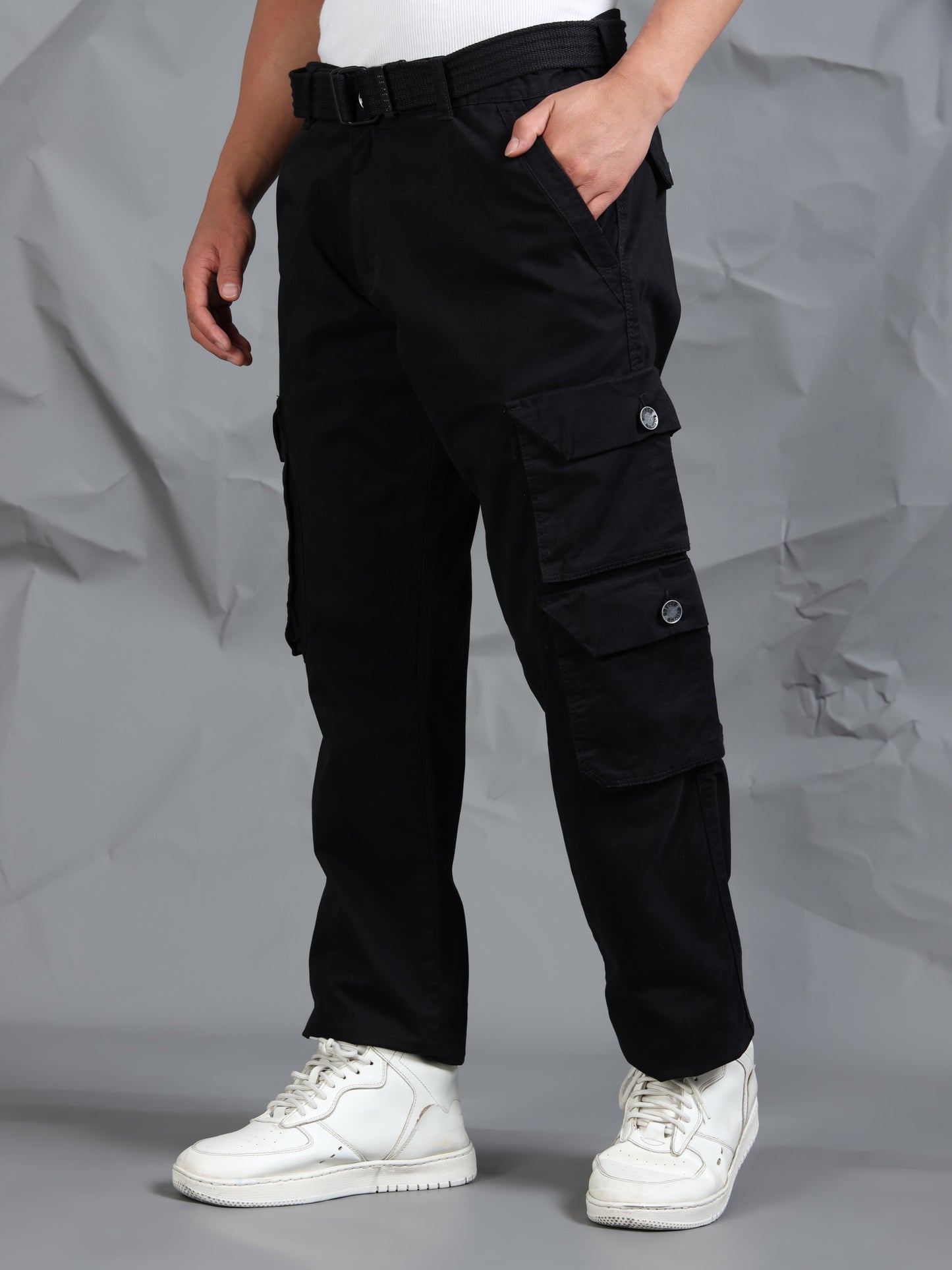 Cotton Lycra Black  Mid Rise Cargo Pant with 7 Pockets