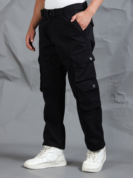 Cotton Lycra Black  Mid Rise Cargo Pant with 7 Pockets