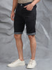 Black Striped Cotton Blend Denim Shorts