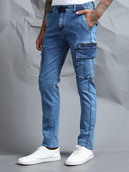 Cotton Lycra Indigo  Mid Rise Cargo Pant with 7 Pockets  Drawstring Closure