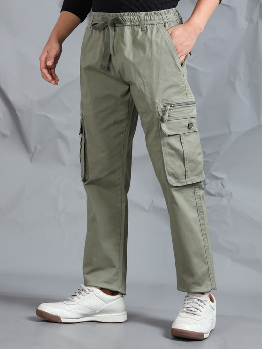 Cotton Lycra Green  Mid Rise Cargo Pant with 7 Pockets  Drawstring Closure