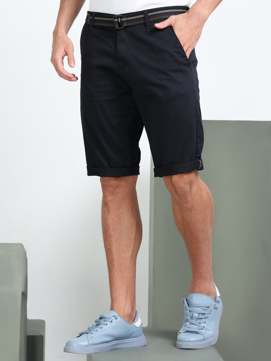 Solid Mid Rise Navy Blue Casual Shorts
