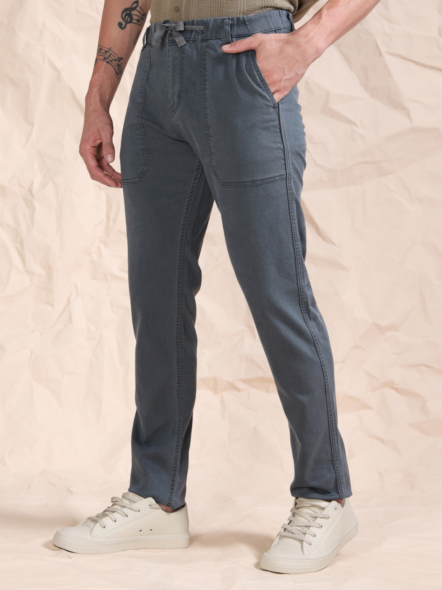 Grey Denim Cotton Blend Solid Mid Rise Pyjama