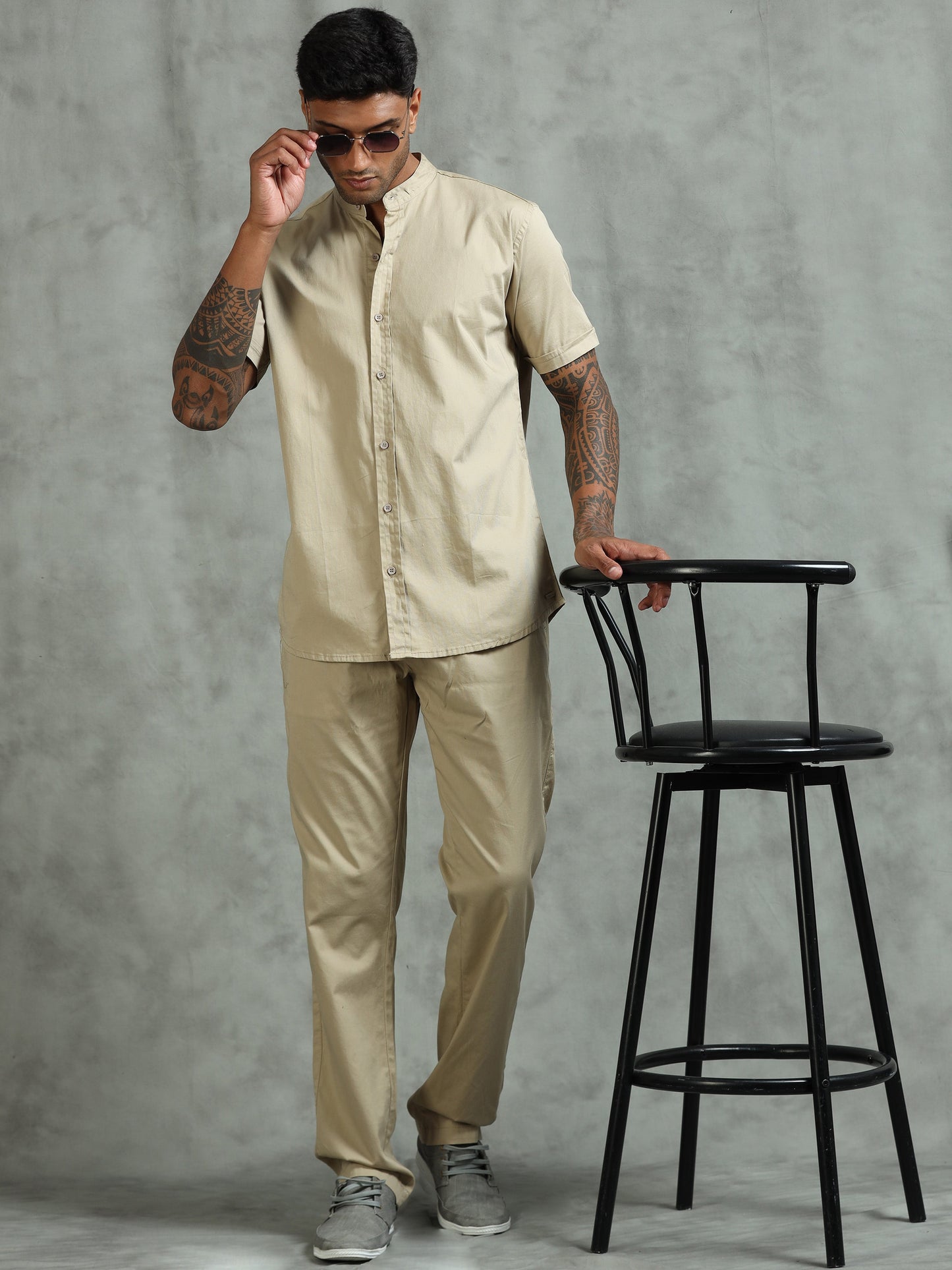 Beige Regular Fit Half Sleeve Solid Casual Co-ord Sets