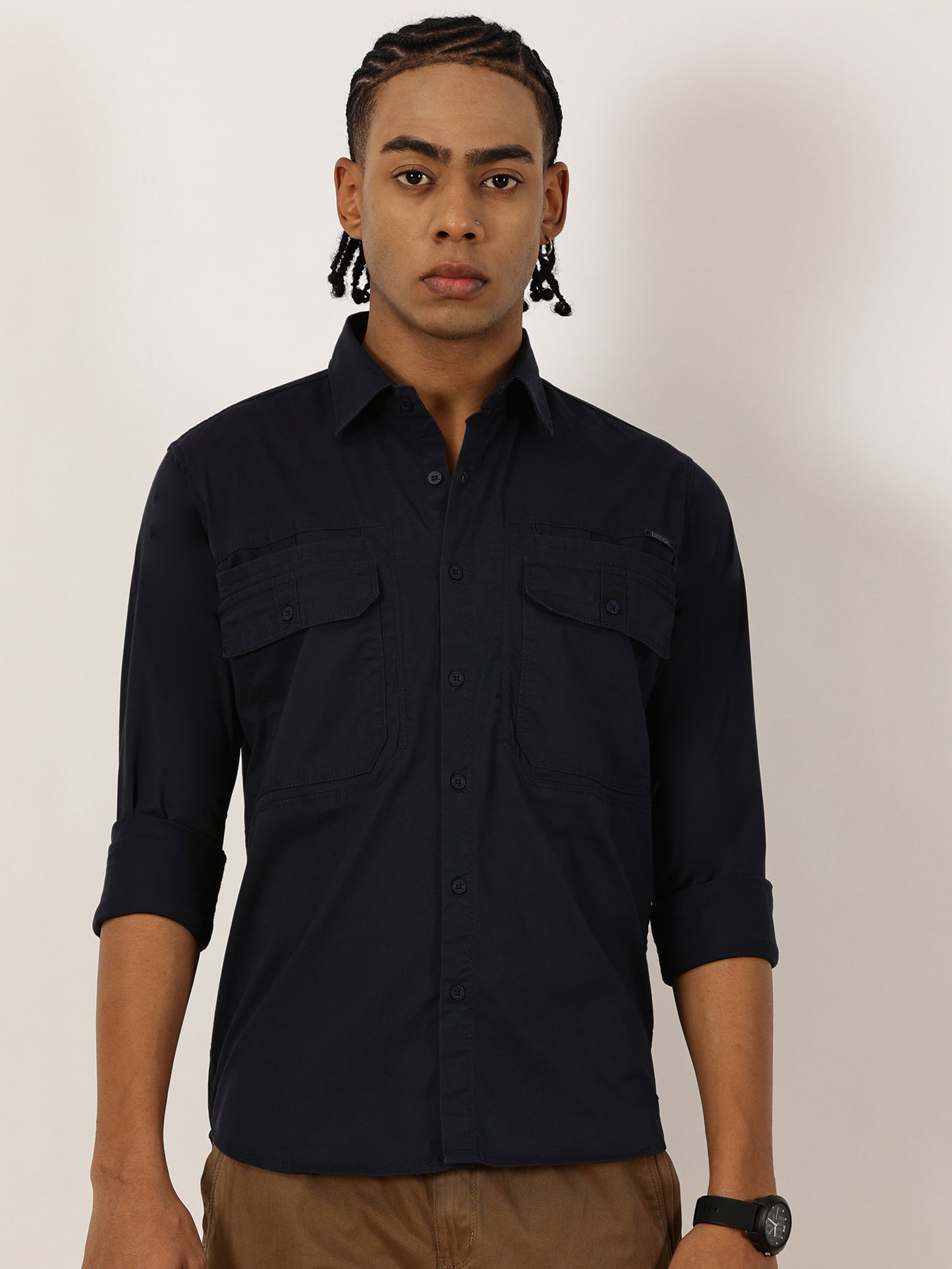 Double Pocket Stretchable Navy Cargo Shirt