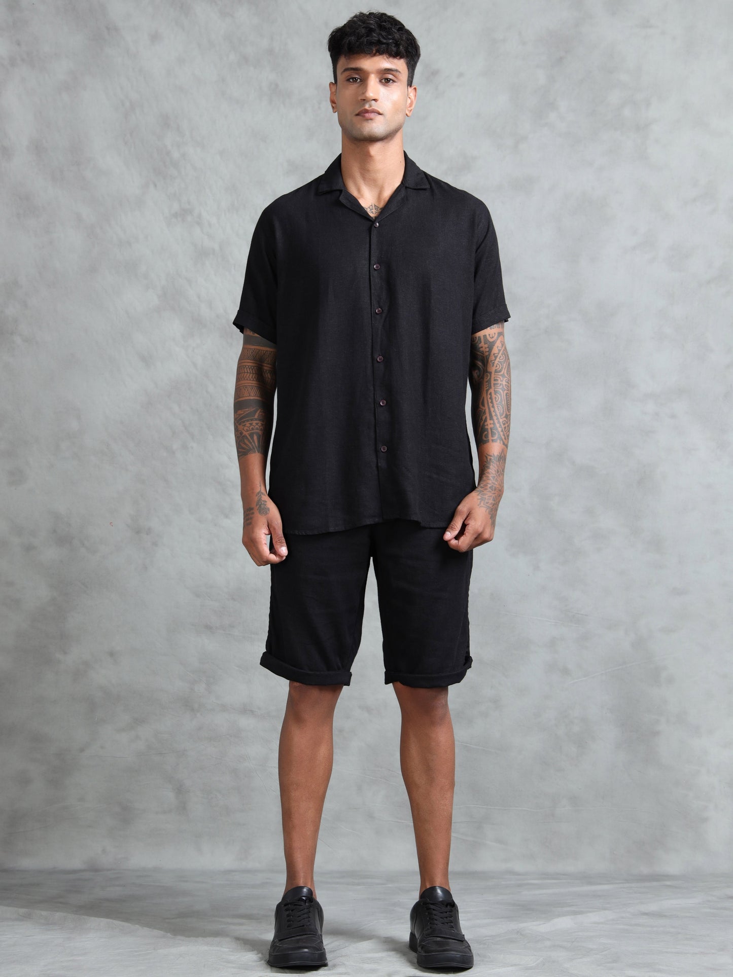 Cotton Viscose Linen Blend Black Cord Set