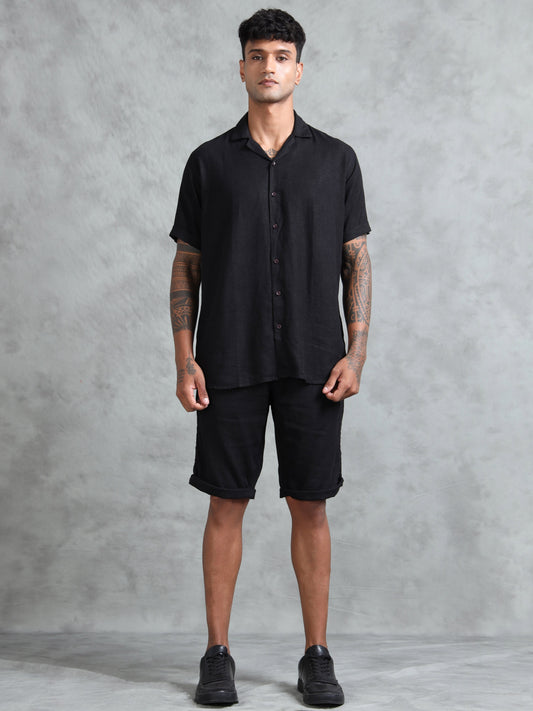 Cotton Viscose Linen Blend Black Cord Set