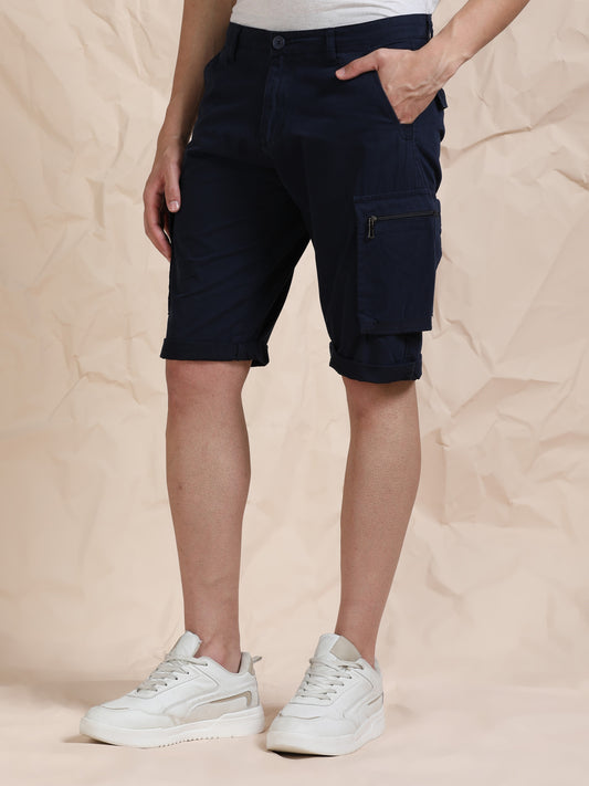 Solid Navy Cotton Shorts